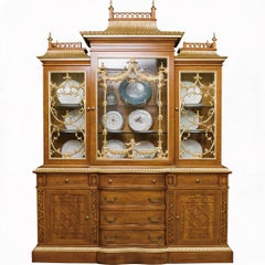 Museum-Level Chinoiserie Pagoda China Cabinet in Light Walnut