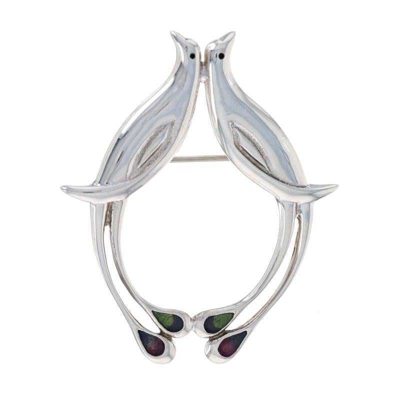 Brand: Museum of Fine Arts

Metal Content: Sterling Silver

Material Information
Enamel
Colors: Black, Blue, Green, & Pinkish Purple

Style: Brooch
Fastening Type: Hinged Pin and Whale Tail Bullet Clasp
Theme: Peacocks, Two Birds

Measurements
Tall: