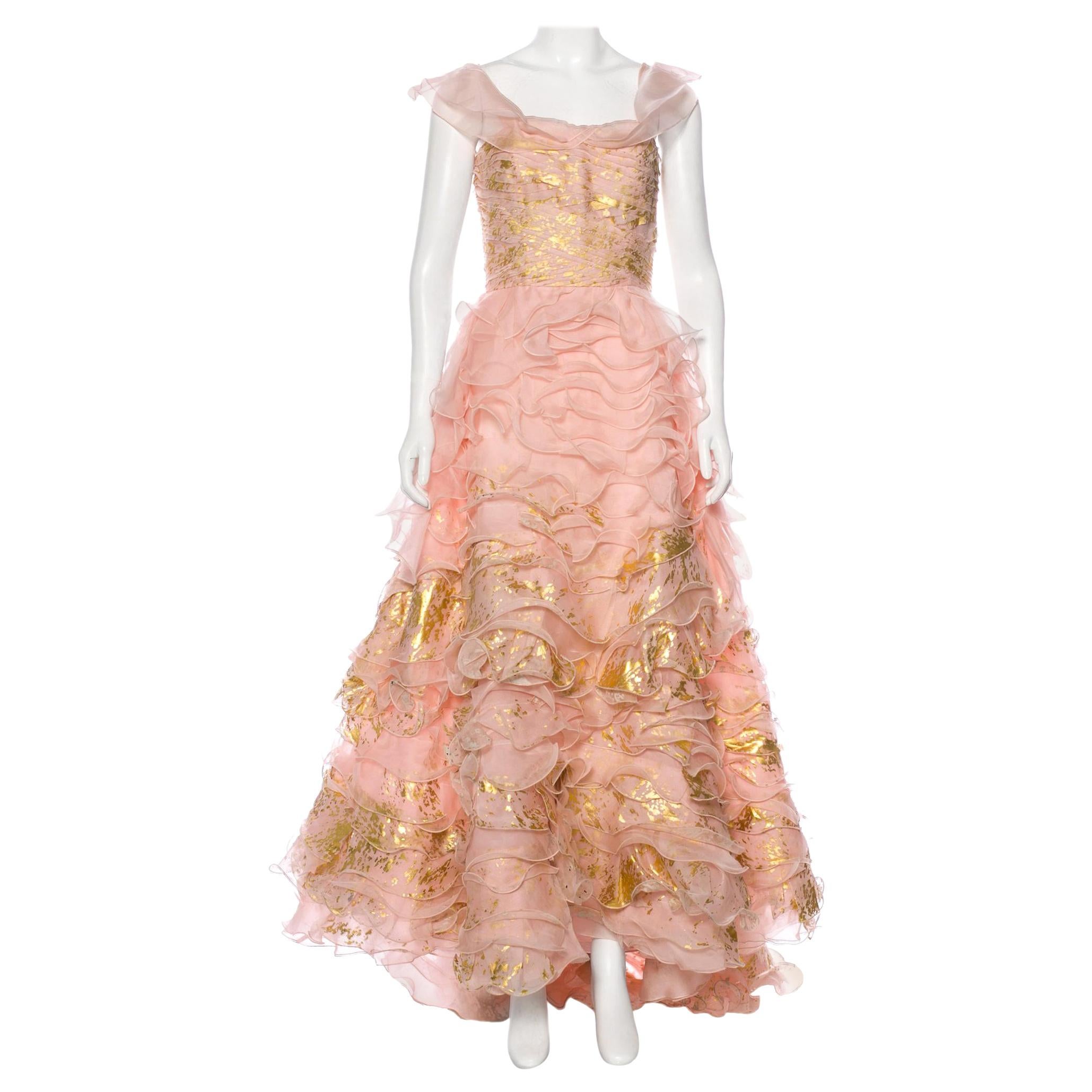  Oscar De La Renta Vogue Museum Runway SS 2011 Silk Gold Leaf Painted Dress US 6 For Sale