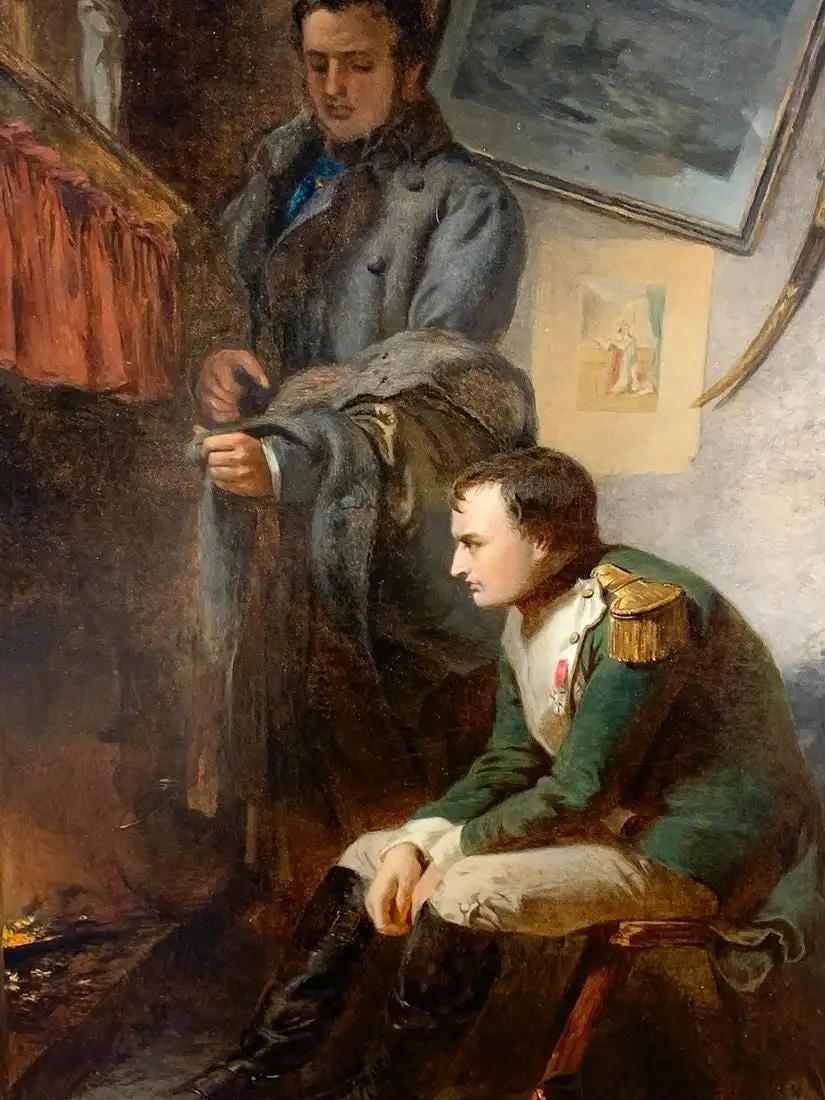 Darstellung von Napoleon und Titel auf dem Weg von Waterloo nach Paris. Dieses Werk in Museumsqualität wird von der königlichen Akademie als Ausstellungsbild von Stein aufgenommen, siehe Fotos. Wurde vor kurzem professionell gereinigt und in einen