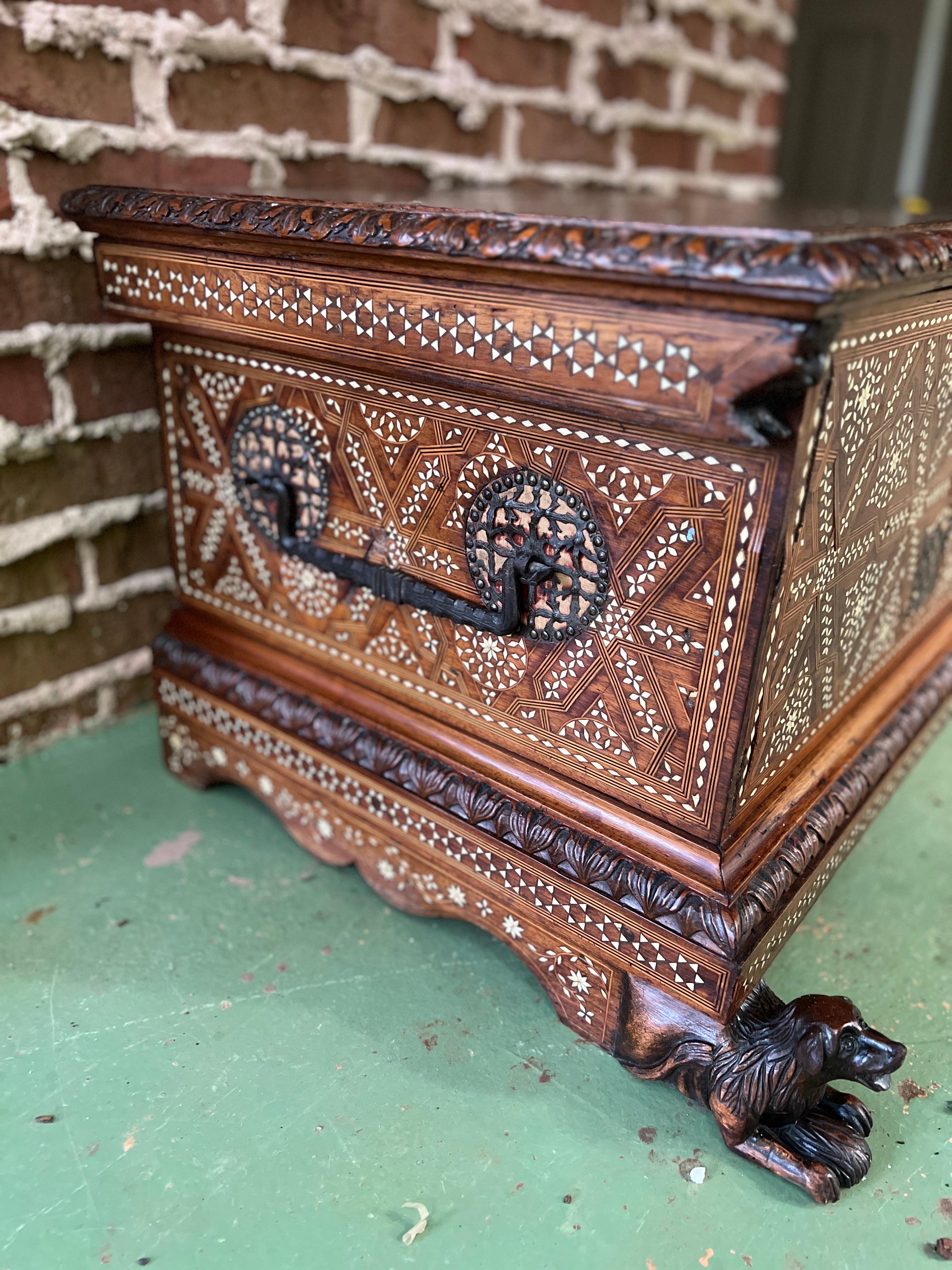 Museum Quality 18th Century Syrian Anglo Indian Carved & Inlaid Blanket Chest For Sale 1
