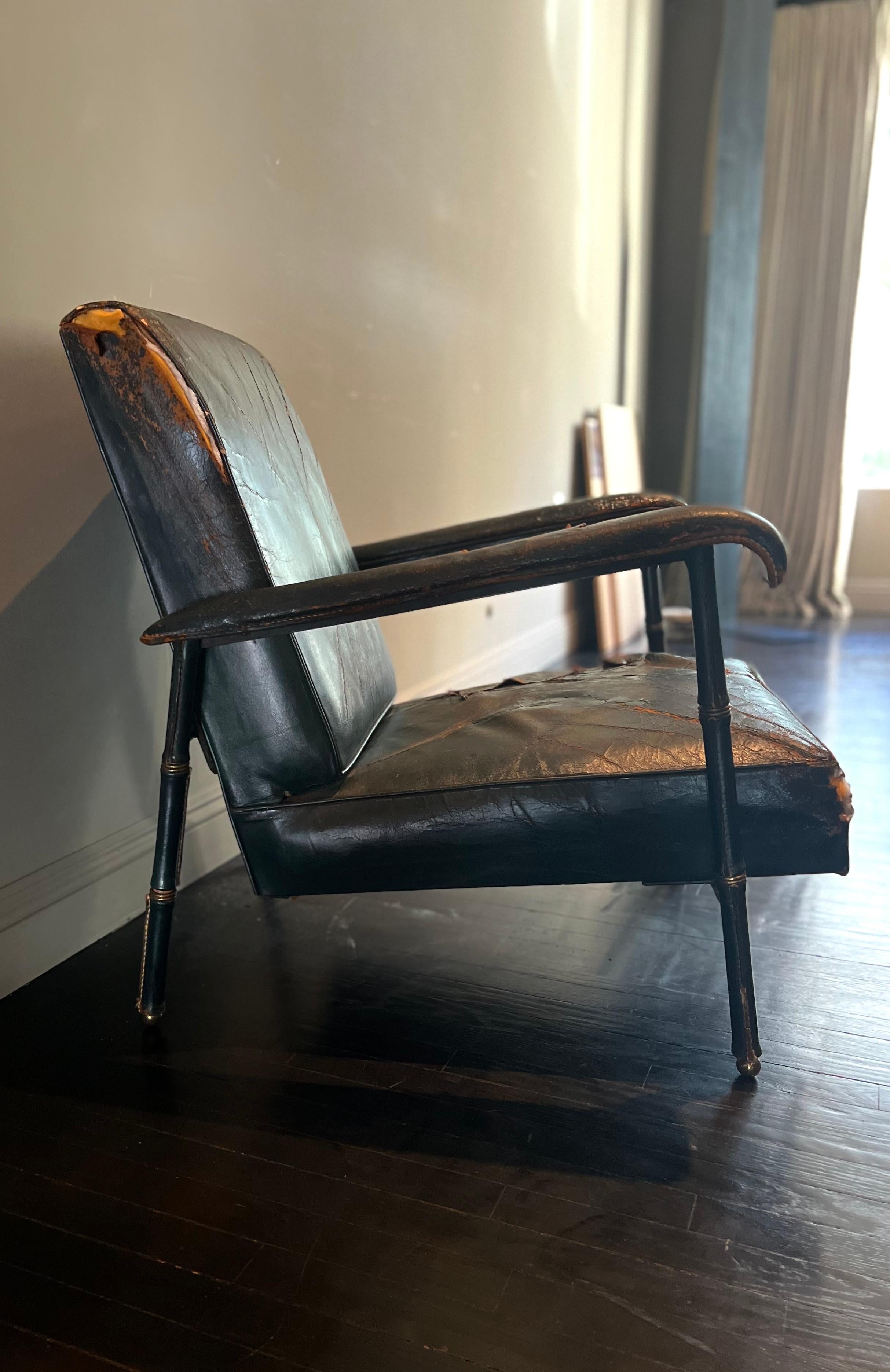 Museum-Quality 1950s Adnet Armchair in Original Green Hemstitched Leather In Good Condition For Sale In West Hollywood, CA