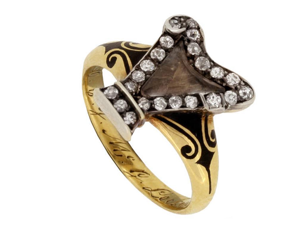 Museum Quality Antique Antique Enamel Diamond Set Harp Memorial Ring circa 1895 For Sale 2