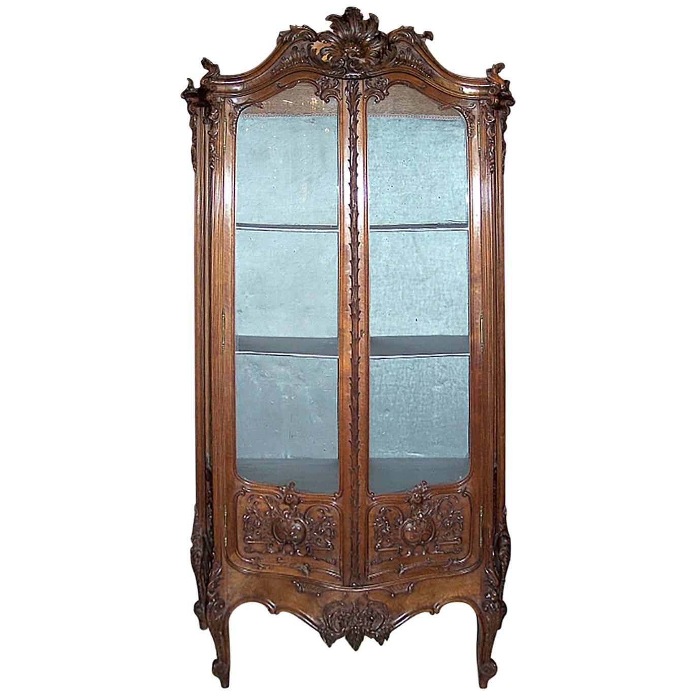 Museum Quality Antique Carved Walnut Vitrine For Sale