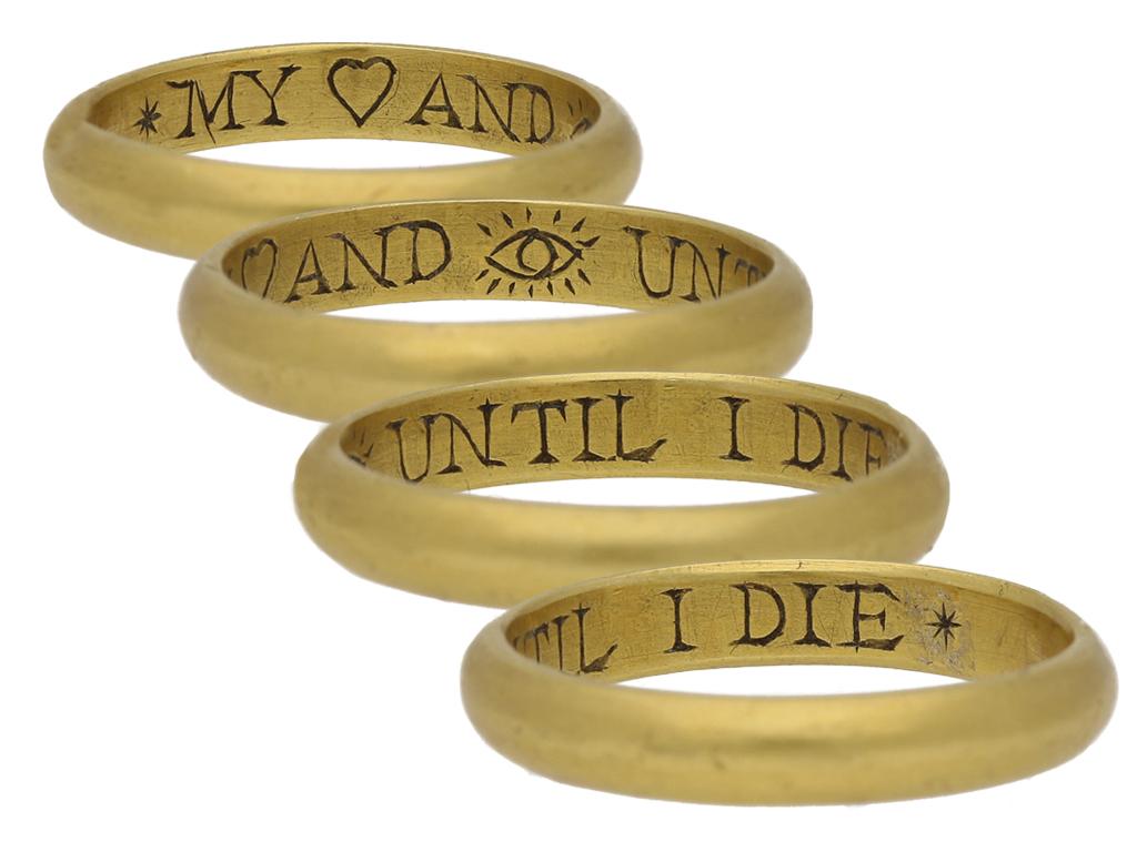 Gold posy ring, 'MY HEART AND EYE UNTIL I DIE'. The D-shaped band engraved to the interior 'MY HEART AND EYE UNTIL I DIE' with pictograms for heart and eye, approximately 3.7mm in width, approximately 5.09g in weight. Tested yellow gold, circa 18th