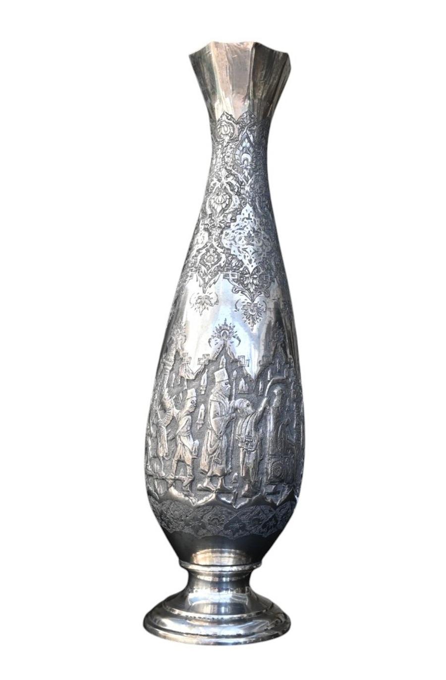 Museum Quality Antique Islamic Qajar Indo-persian Silver Vase For Sale 5