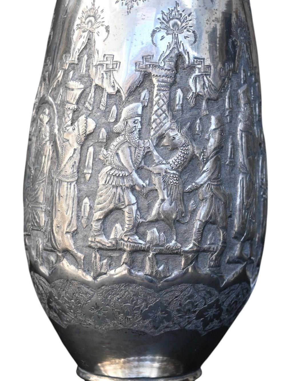 Hammered Museum Quality Antique Islamic Qajar Indo-persian Silver Vase For Sale