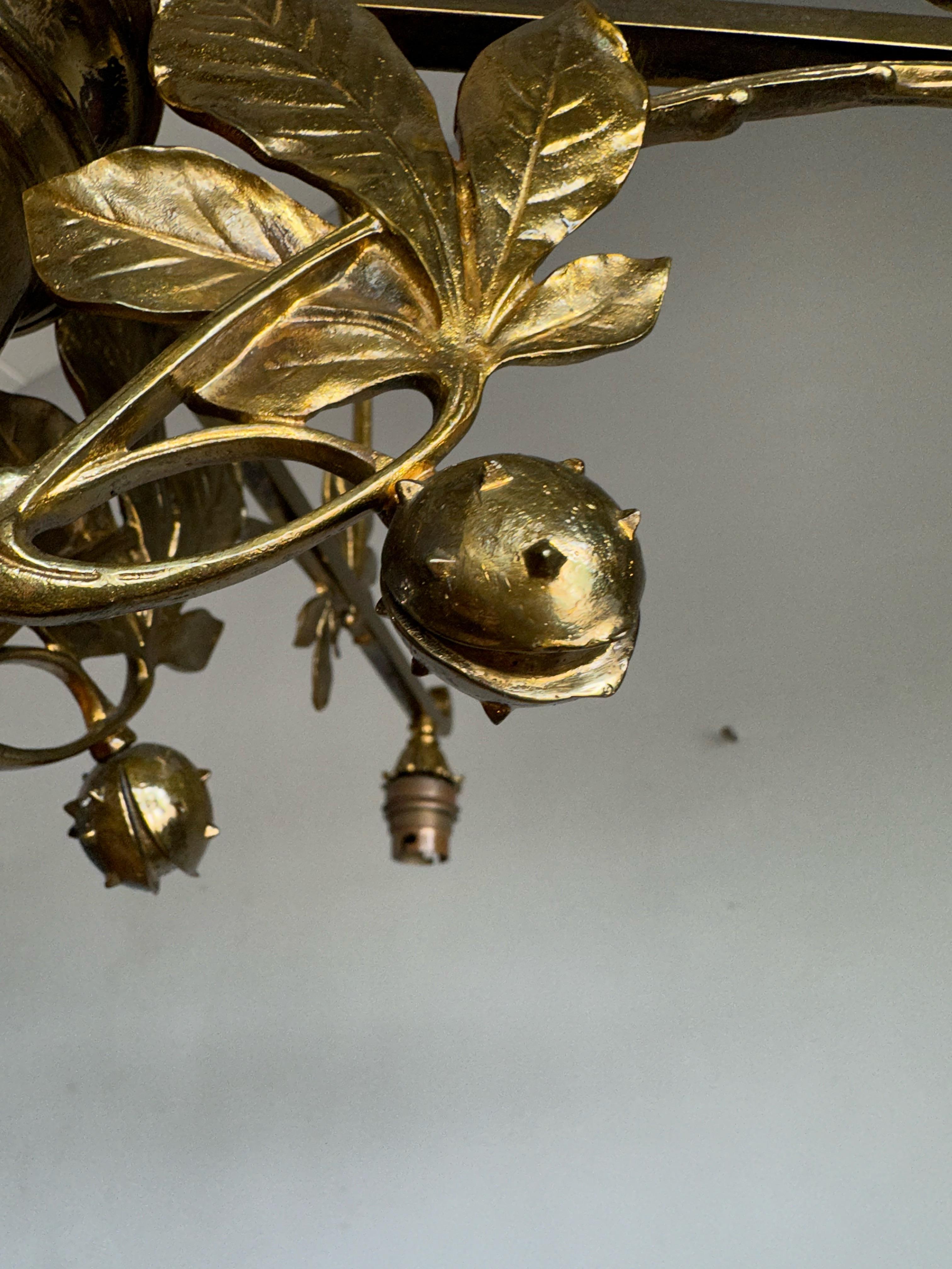 Museum Quality Art Nouveau Gilt Bronze Pendant Light w Chestnut Sculptures 1910  For Sale 4