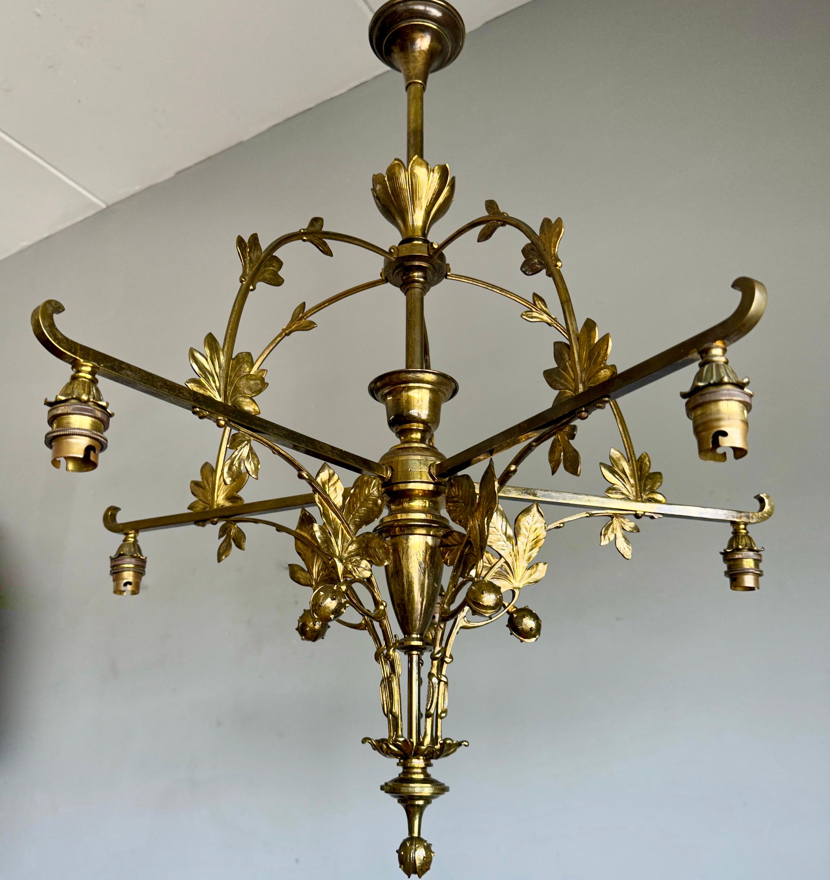 20th Century Museum Quality Art Nouveau Gilt Bronze Pendant Light w Chestnut Sculptures 1910  For Sale