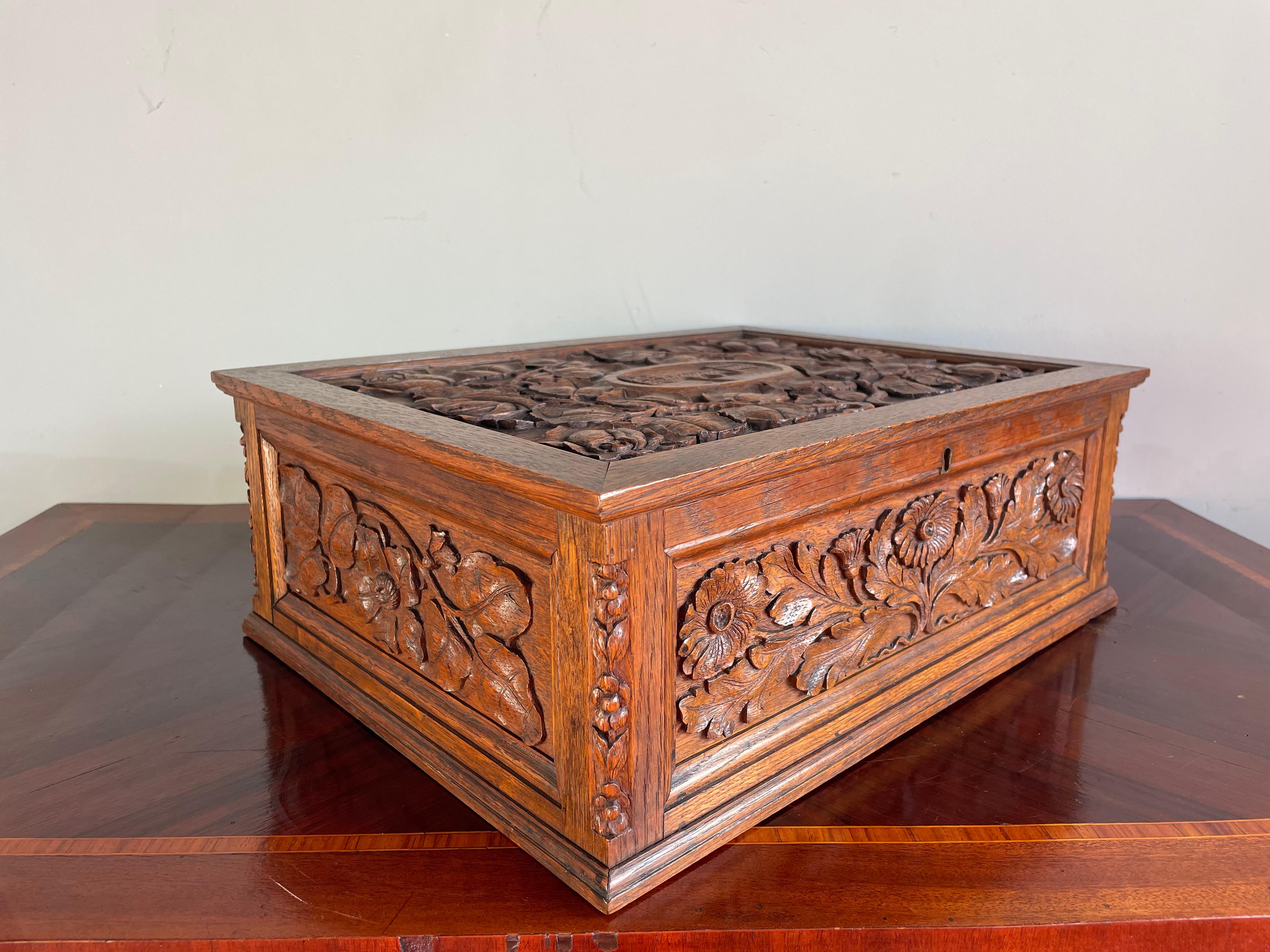 Large and truly stunning, antique oak desk or table piece.

If you are a collector of the most stylish and best condition antiques only then this fine-art-museum-worthy, amazing condition and larger than average Arts & Crafts box could be flying