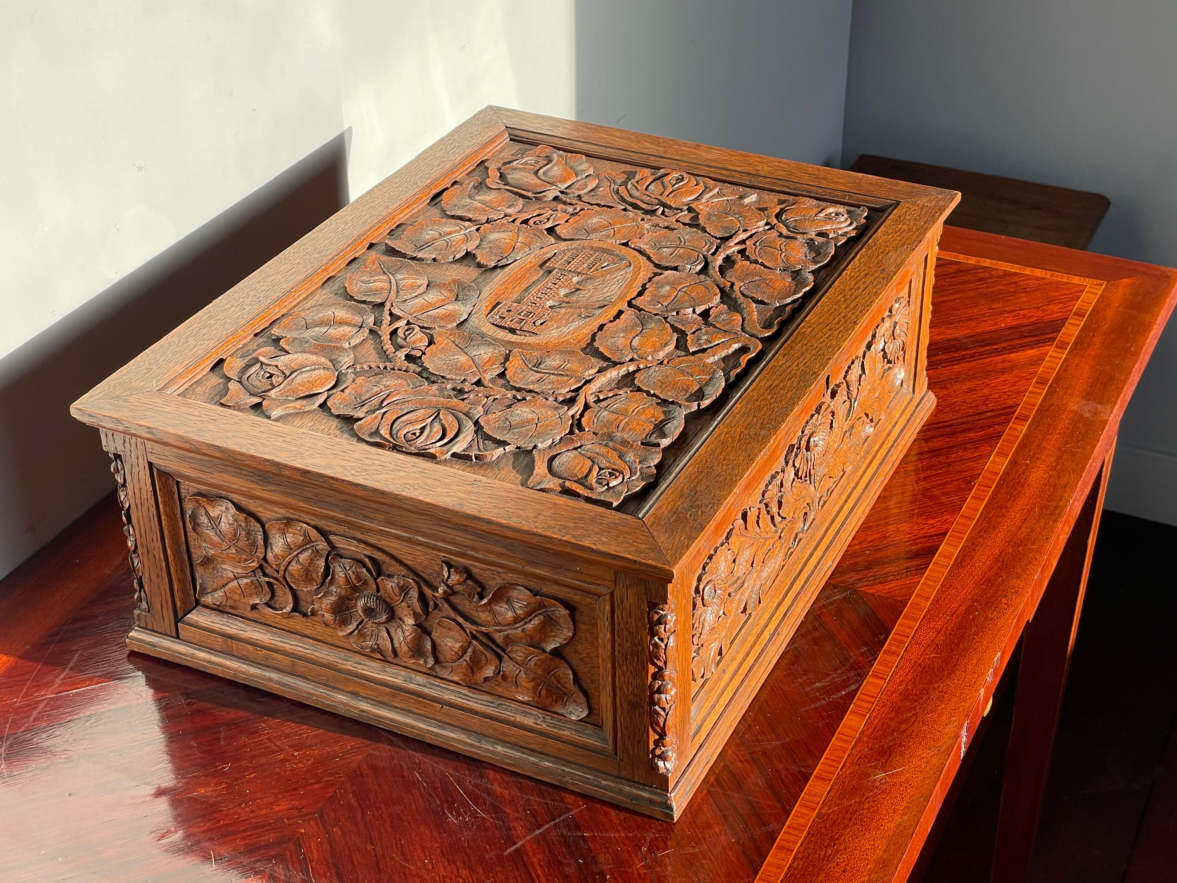 Museum Quality Carved Arts and Crafts Box w. Compartments, Rose Sculptures Etc. For Sale 13