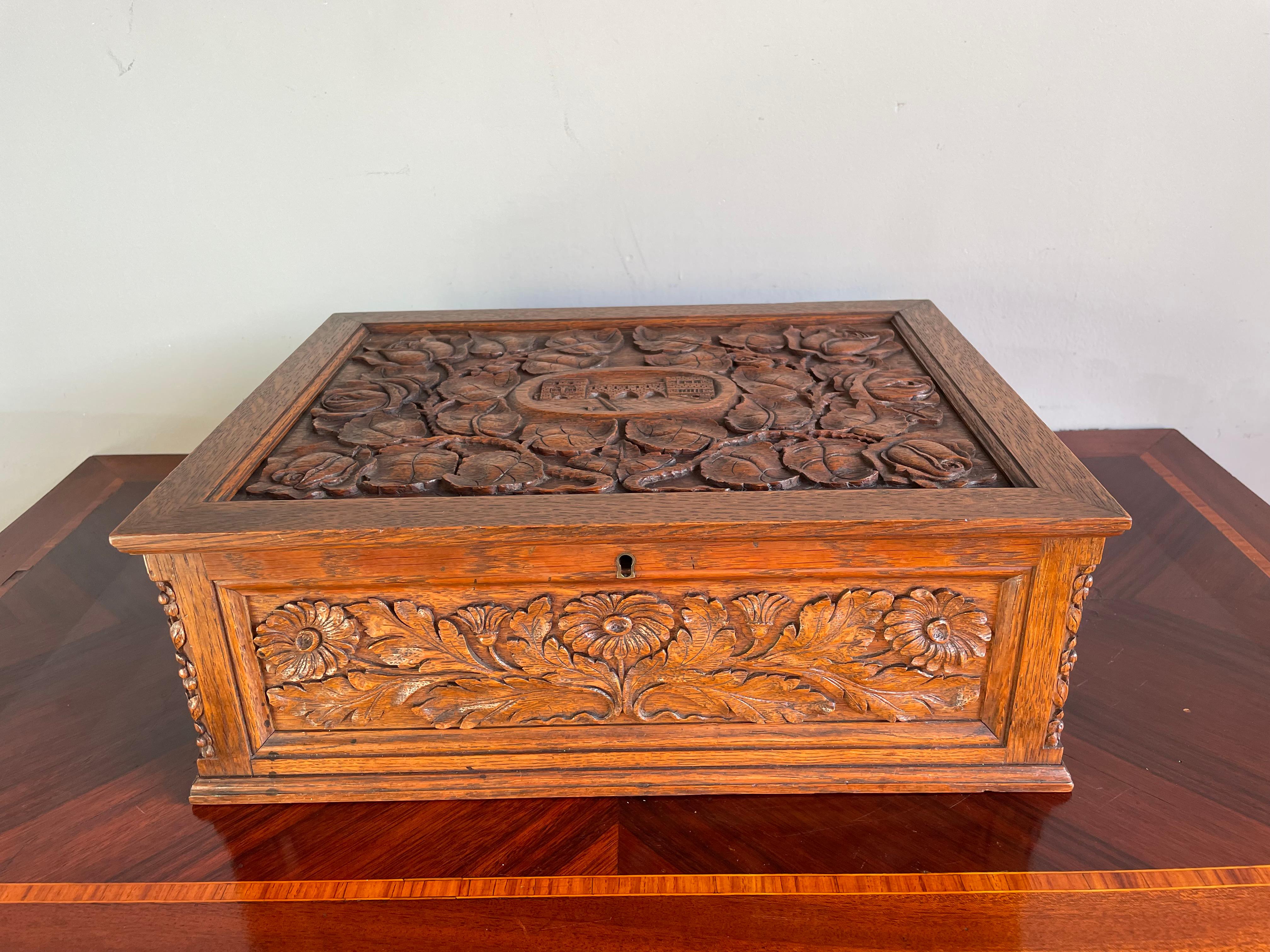 European Museum Quality Carved Arts and Crafts Box w. Compartments, Rose Sculptures Etc. For Sale