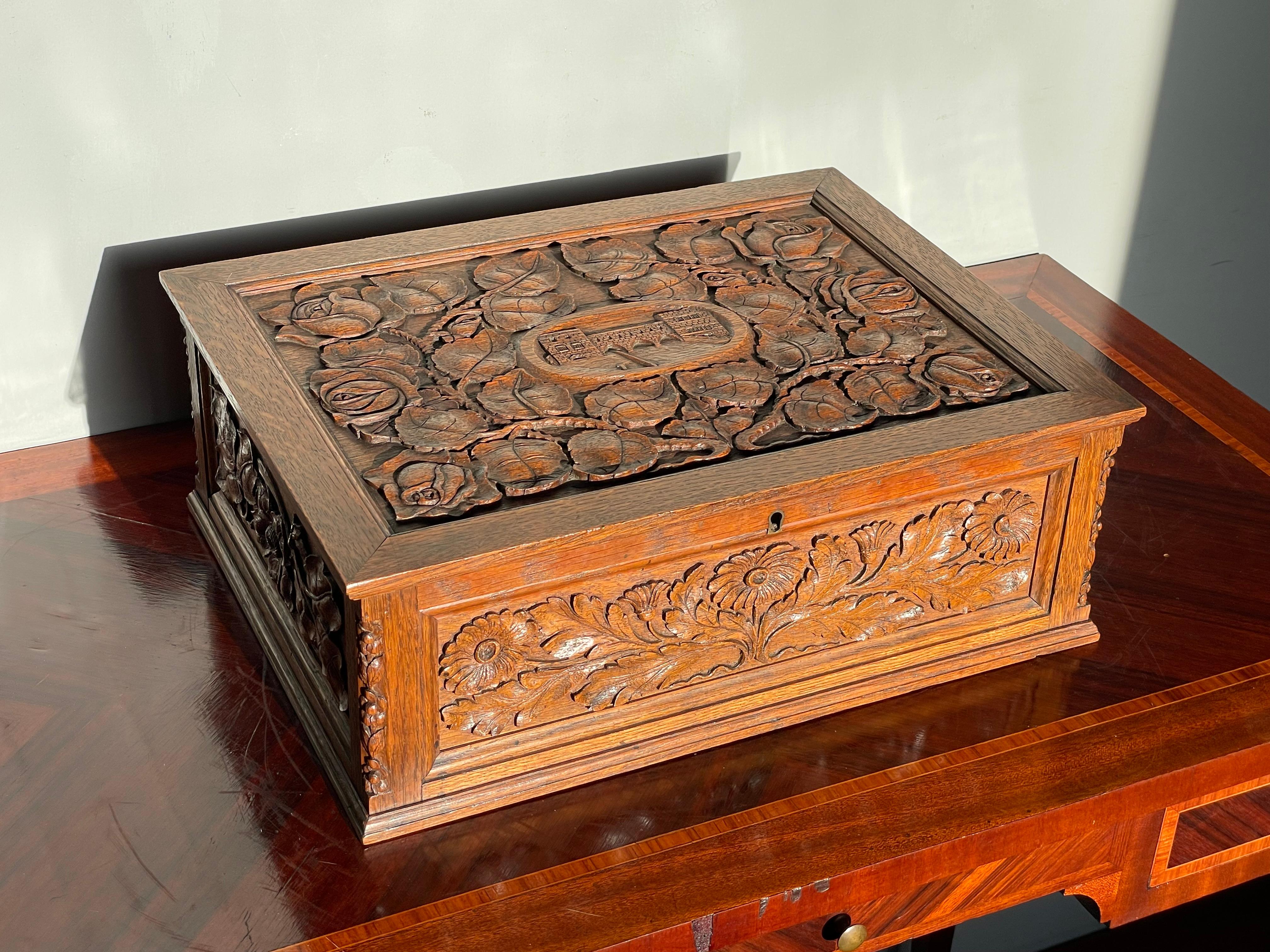 Hand-Carved Museum Quality Carved Arts and Crafts Box w. Compartments, Rose Sculptures Etc. For Sale