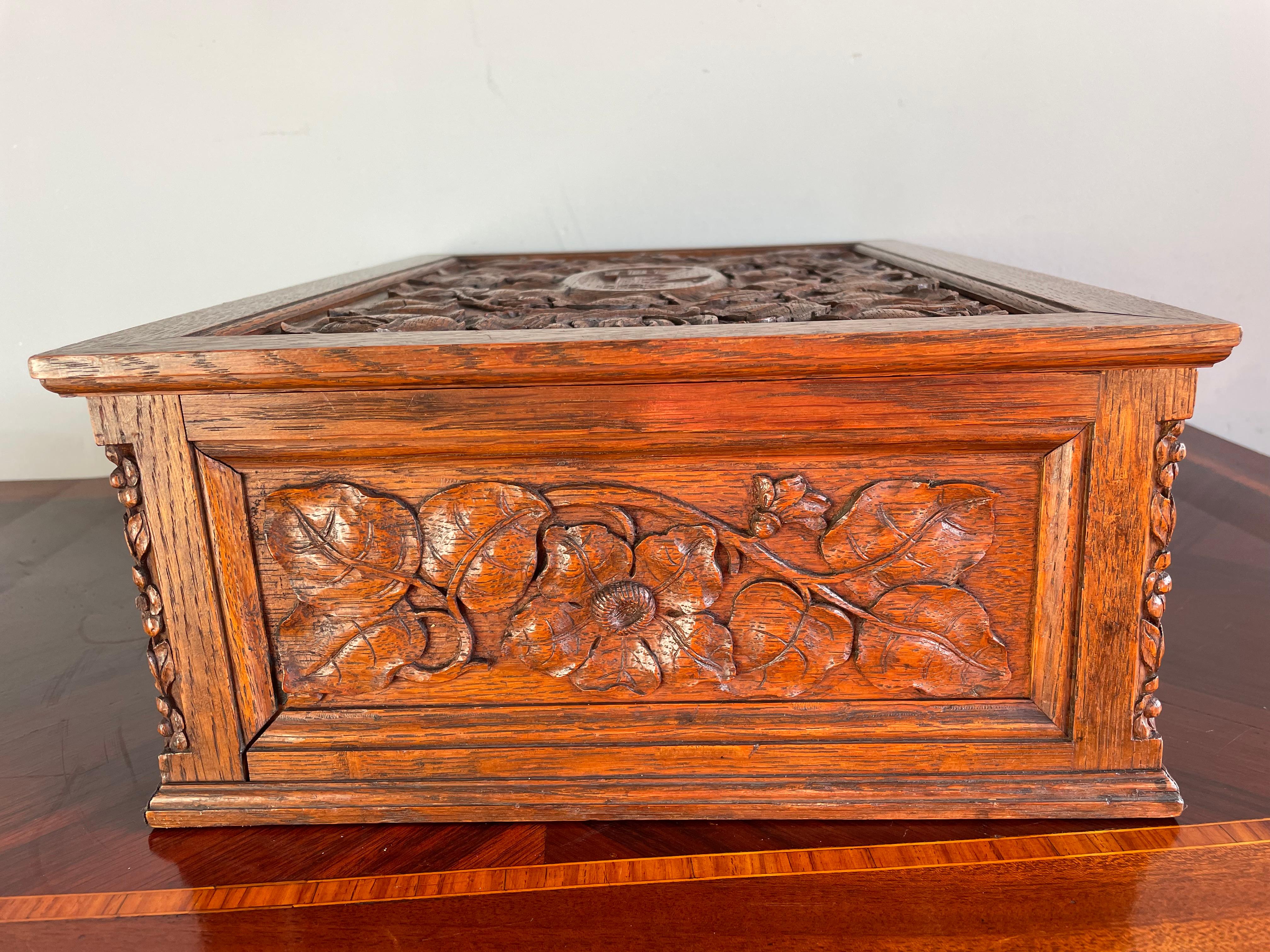 20th Century Museum Quality Carved Arts and Crafts Box w. Compartments, Rose Sculptures Etc. For Sale