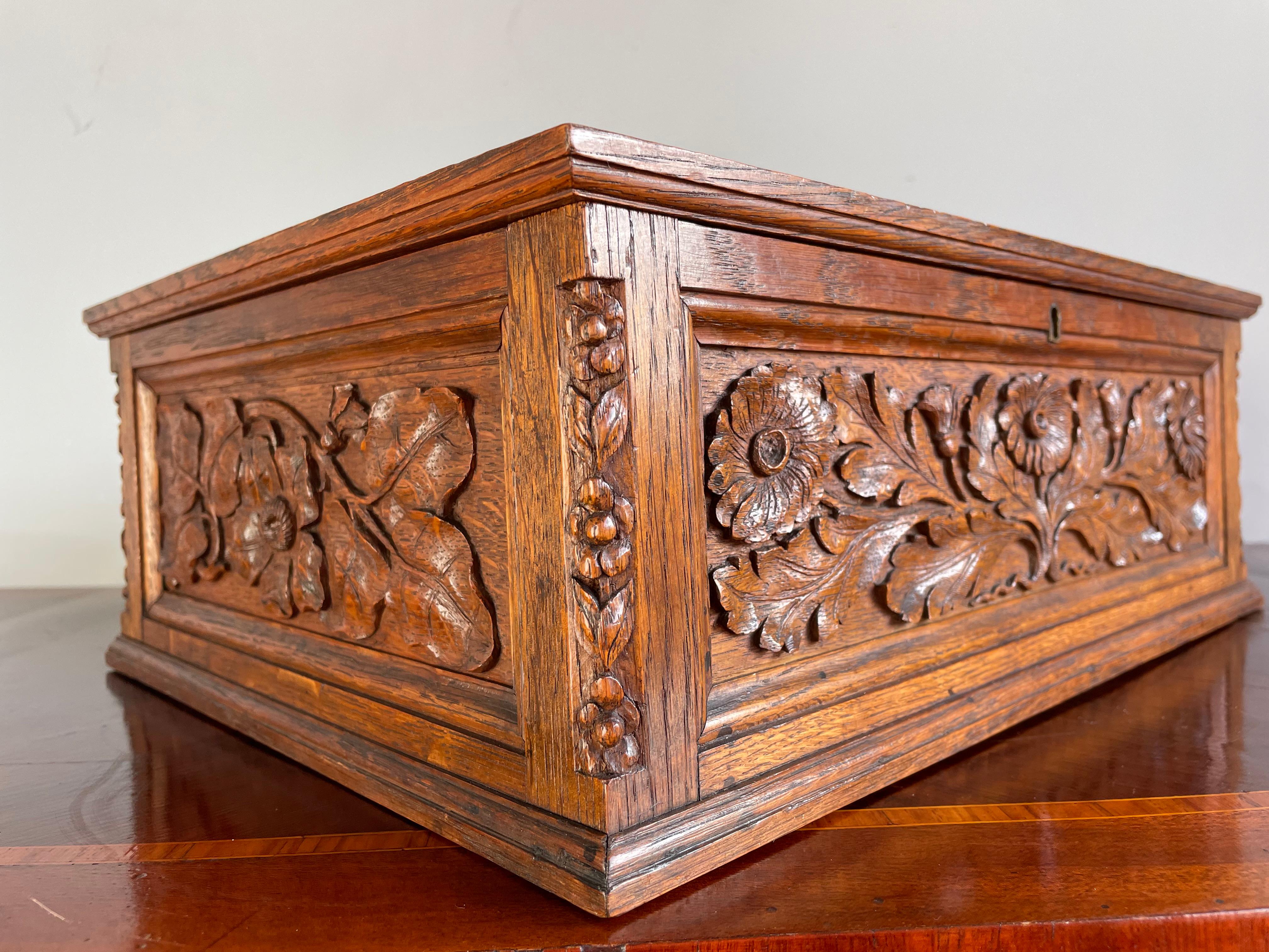 Brass Museum Quality Carved Arts and Crafts Box w. Compartments, Rose Sculptures Etc. For Sale