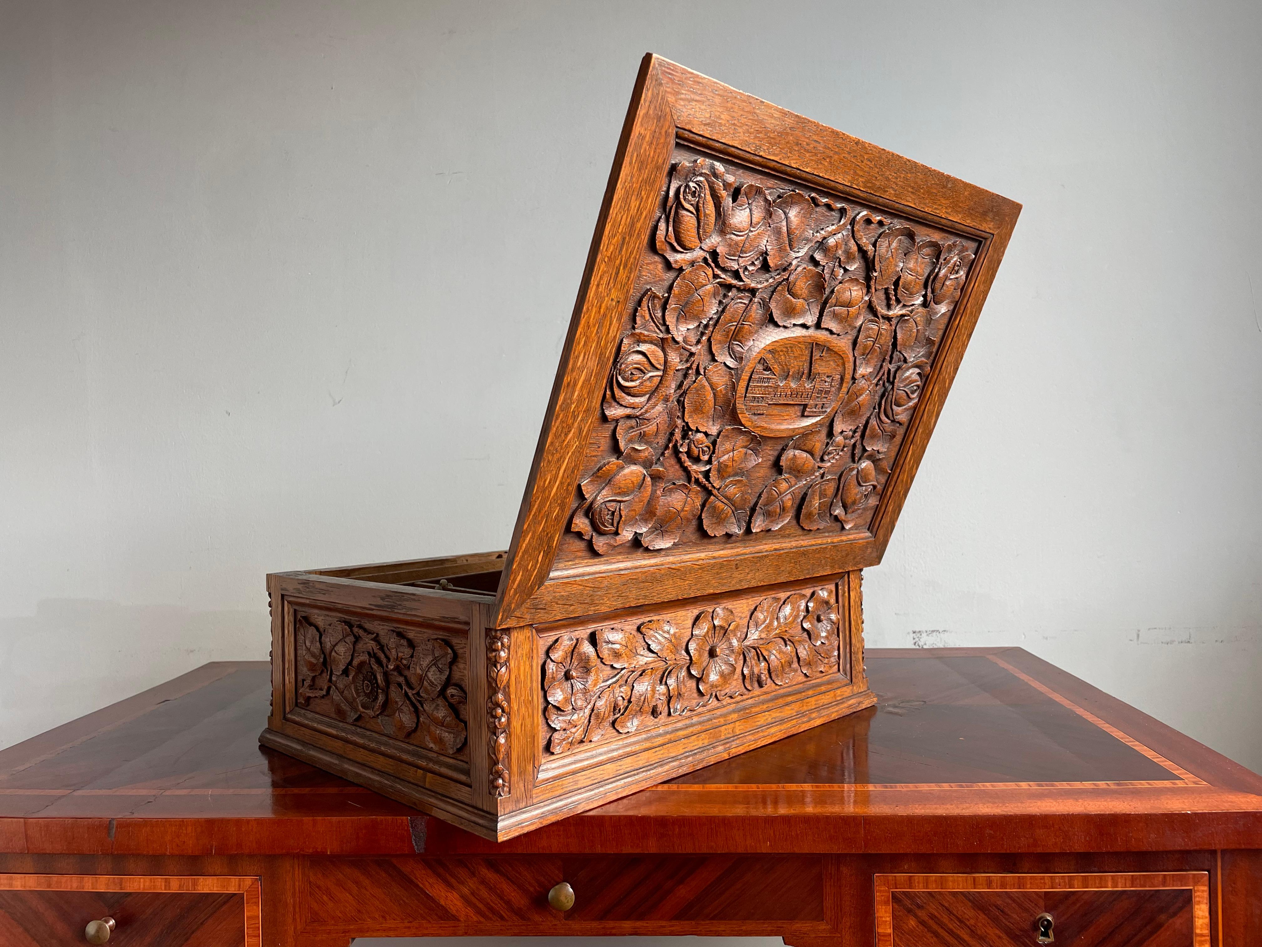 Museum Quality Carved Arts and Crafts Box w. Compartments, Rose Sculptures Etc. For Sale 1