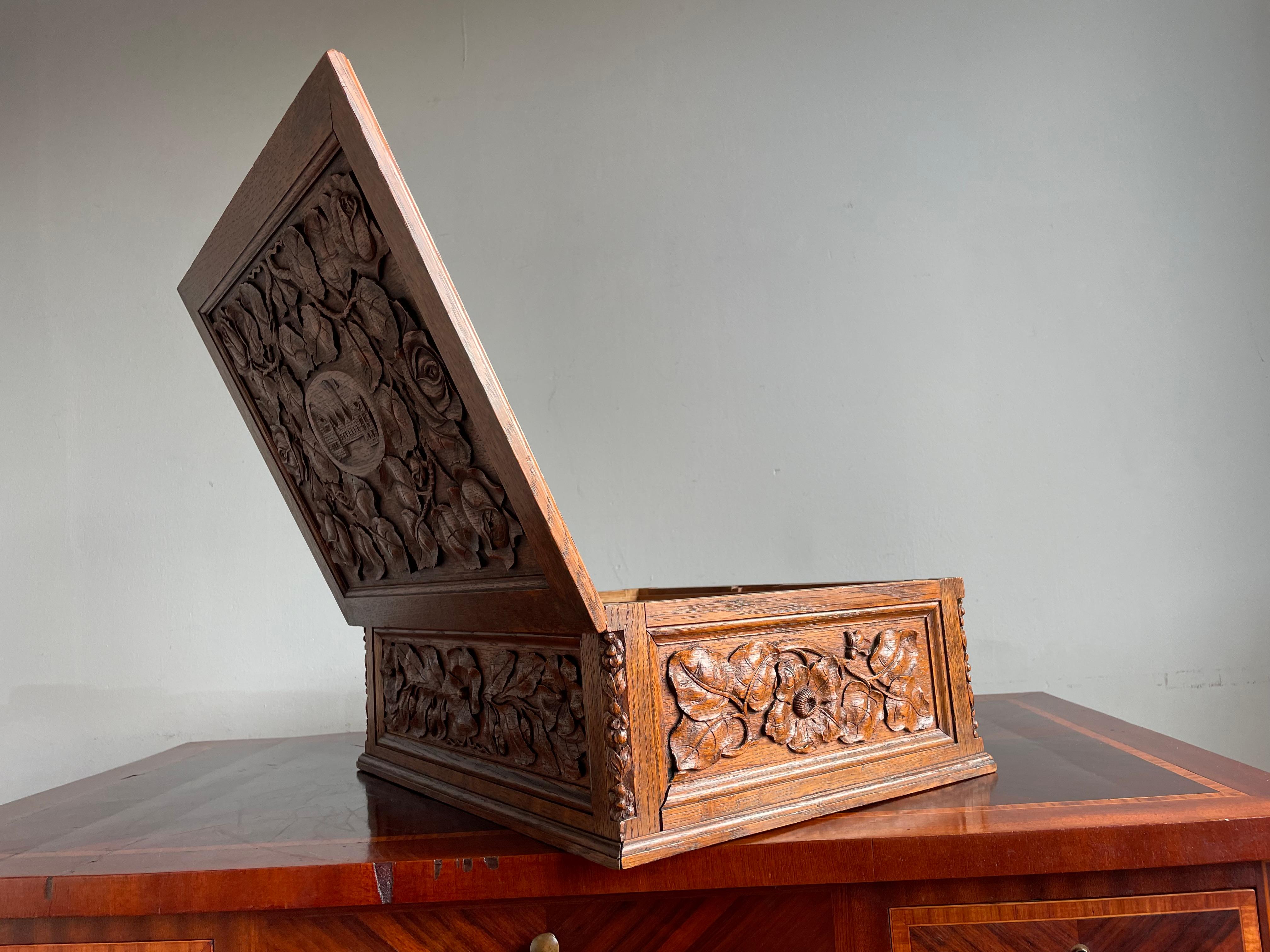 Museum Quality Carved Arts and Crafts Box w. Compartments, Rose Sculptures Etc. For Sale 2