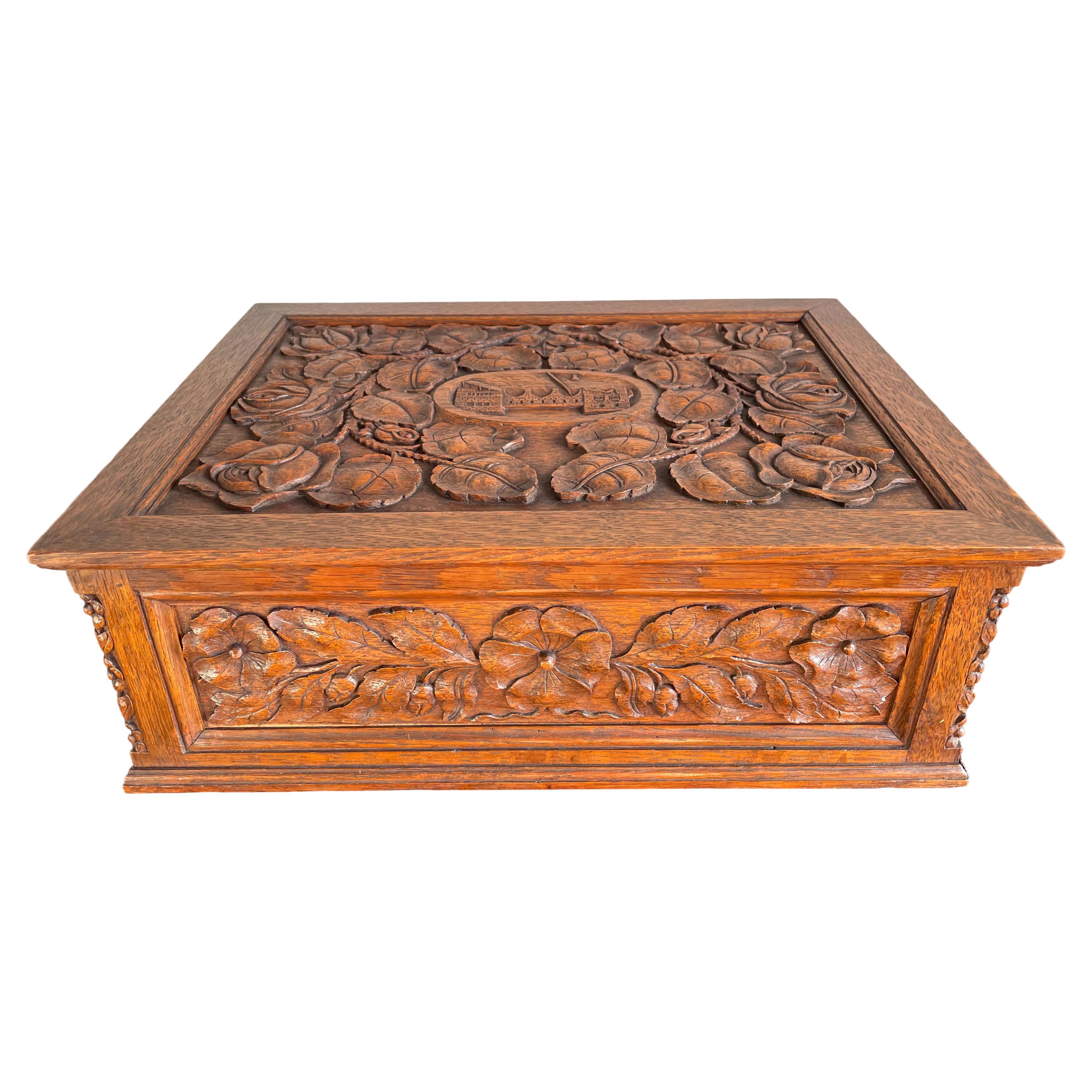Museum Quality Carved Arts and Crafts Box w. Compartments, Rose Sculptures Etc. For Sale