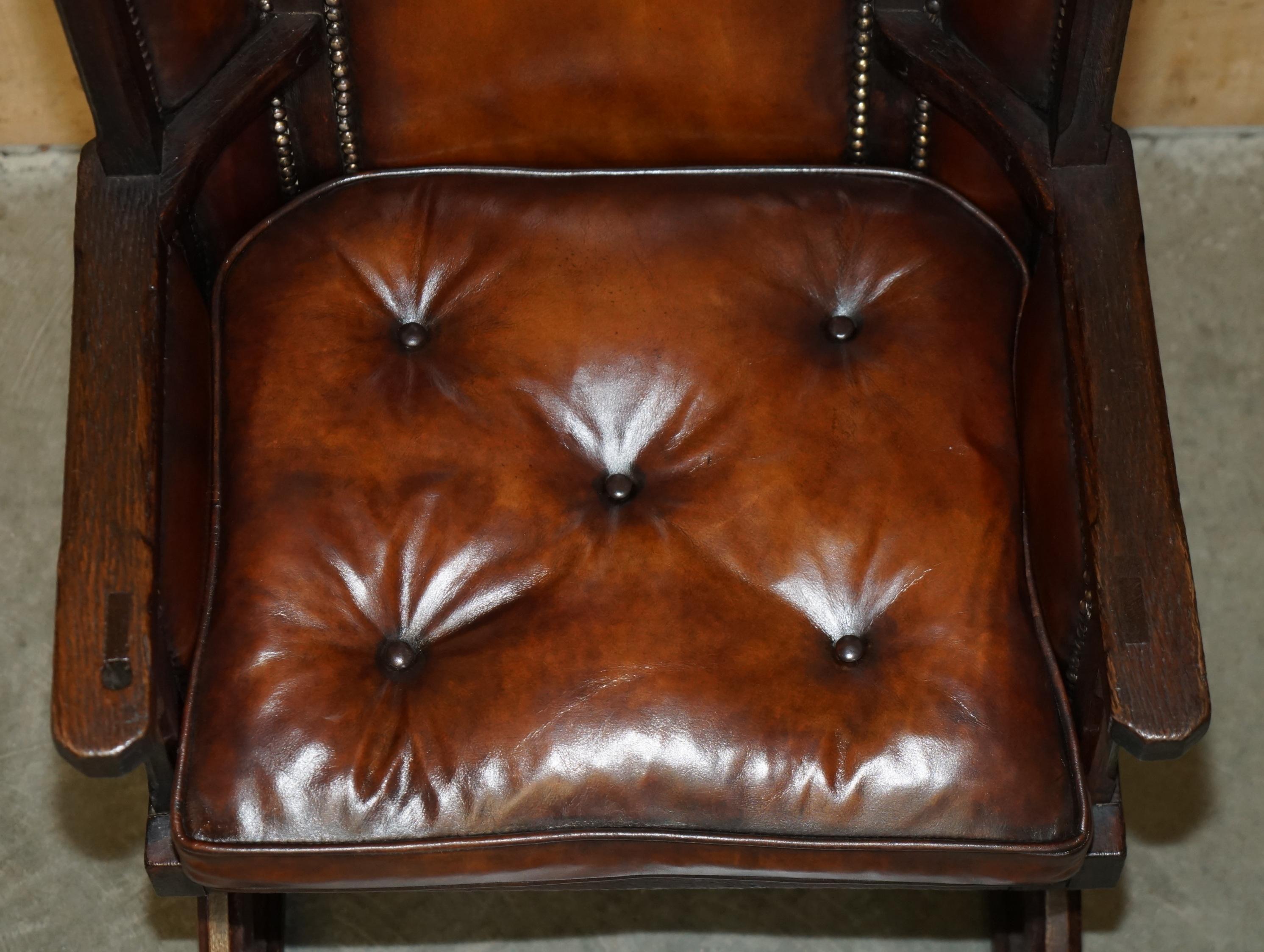 MUSEUM QUALITY CARVED CiRCA 1700 ANTIQUE RESTORED BROWN LEATHER JESSIE ARMCHAIR For Sale 3