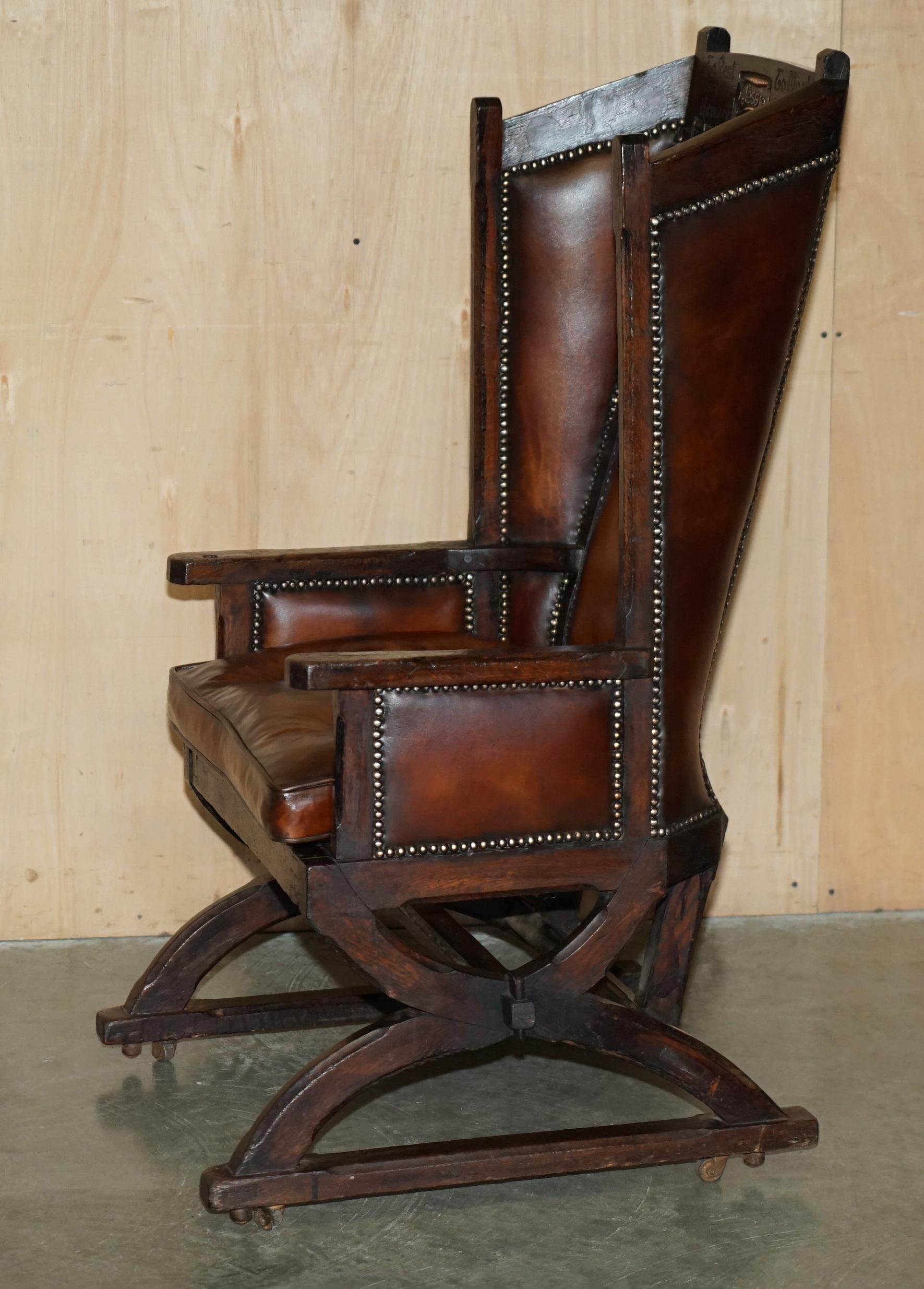MUSEUM QUALITY CARVED CiRCA 1700 ANTIQUE RESTORED BROWN LEATHER JESSIE ARMCHAIR For Sale 11