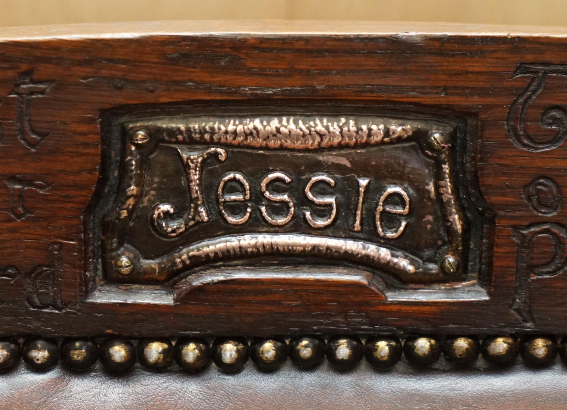 Leather MUSEUM QUALITY CARVED CiRCA 1700 ANTIQUE RESTORED BROWN LEATHER JESSIE ARMCHAIR For Sale