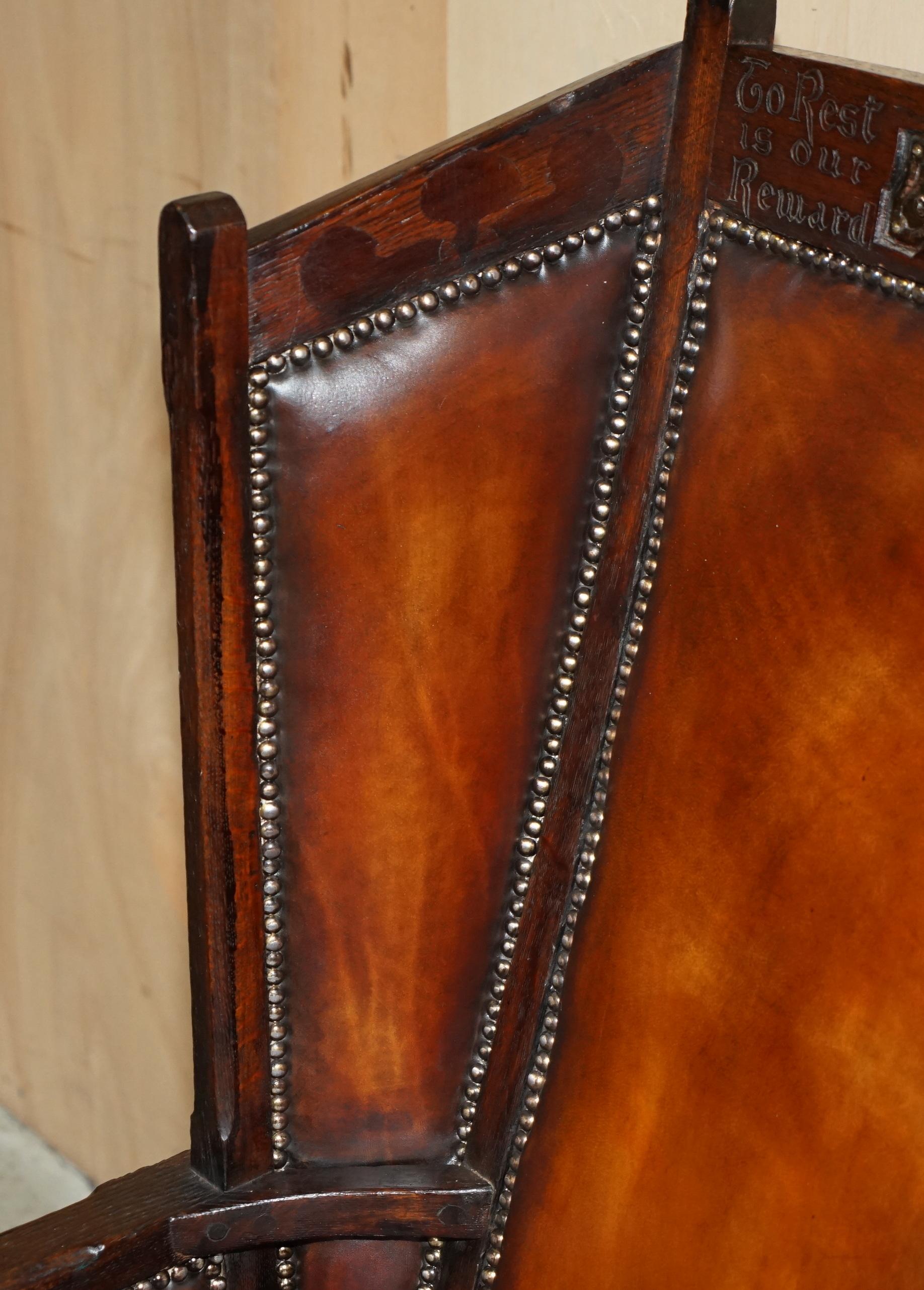 MUSEUM QUALITY CARVED CiRCA 1700 ANTIQUE RESTORED BROWN LEATHER JESSIE ARMCHAIR For Sale 1