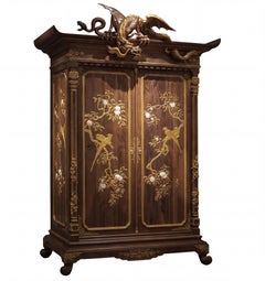 Museum-Quality Chinoiserie Rosewood Cabinet with Dragon and Paradise Birds Inlay