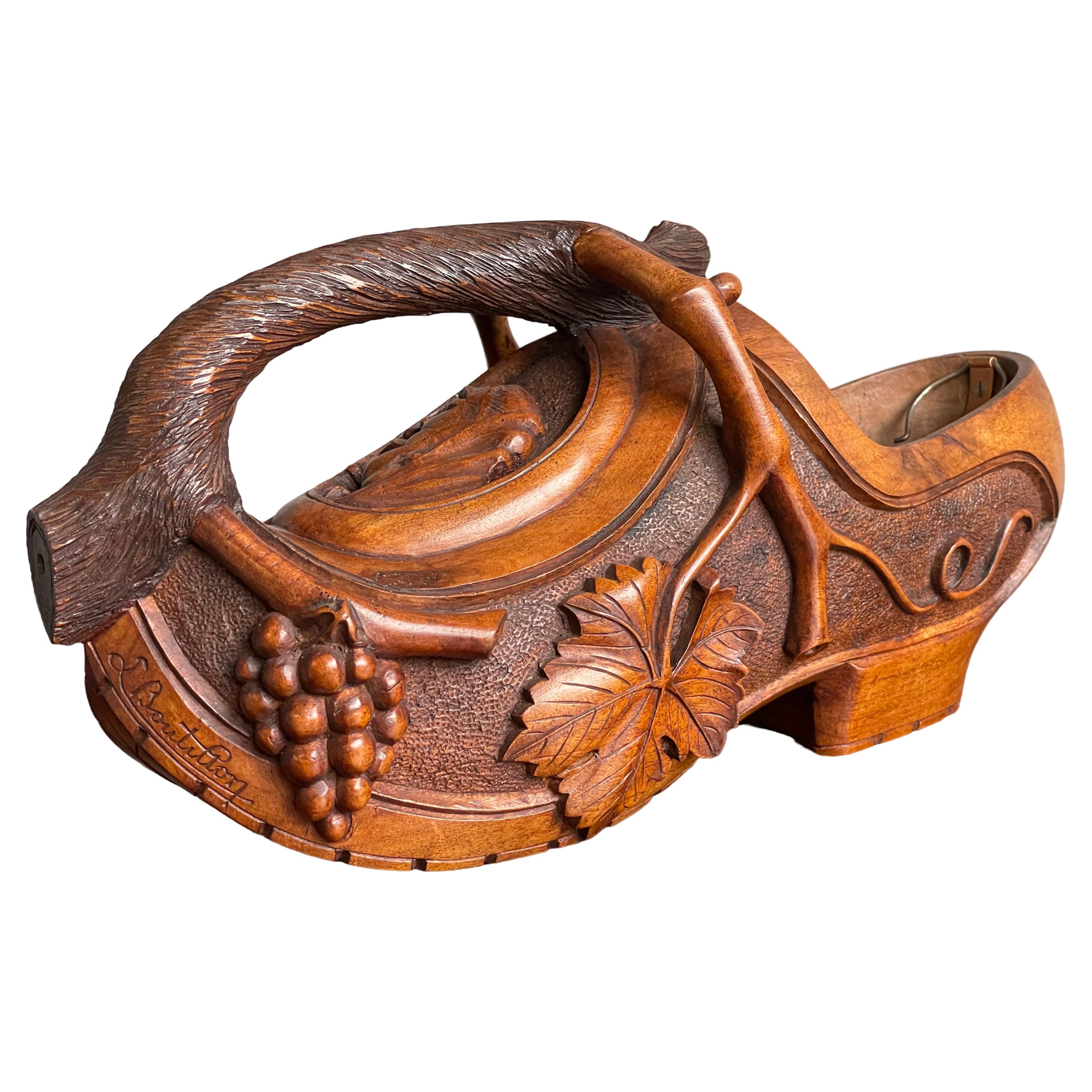 Museum Quality & Condition Hand Carved Wine Pourer Clogg with Grape Vine Handle For Sale