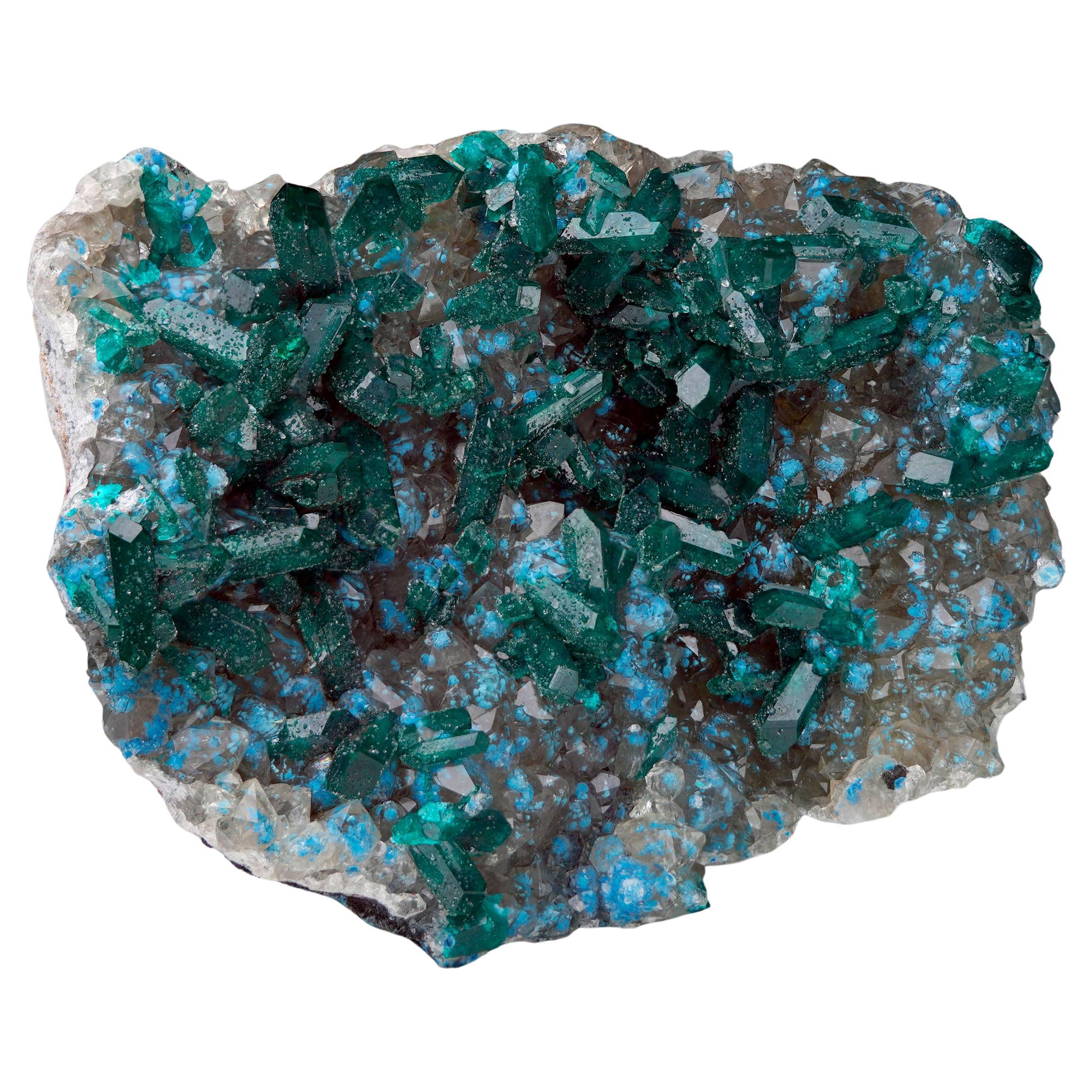 Dioptasio di qualità museale con plancheite su calcite in vendita