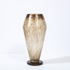 Museum Quality French Art Deco Topaz Craqueleur Glass Vase, Signed by Schneider