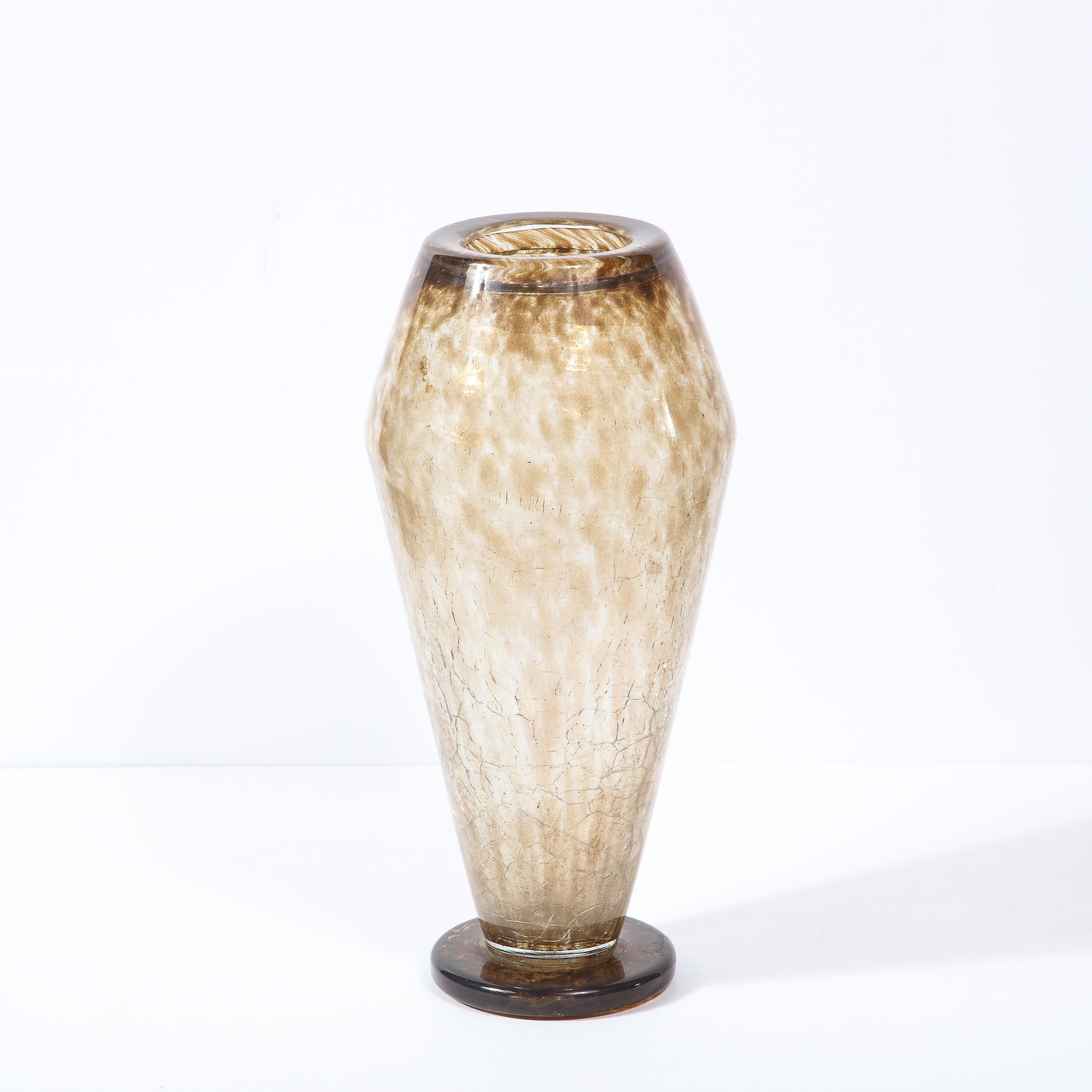 Early 20th Century Museum Quality French Art Deco Topaz Craqueleur Glass Vase, Signed by Schneider For Sale