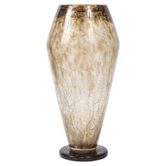 Museum Quality French Art Deco Topaz Craqueleur Glass Vase, Signed by Schneider