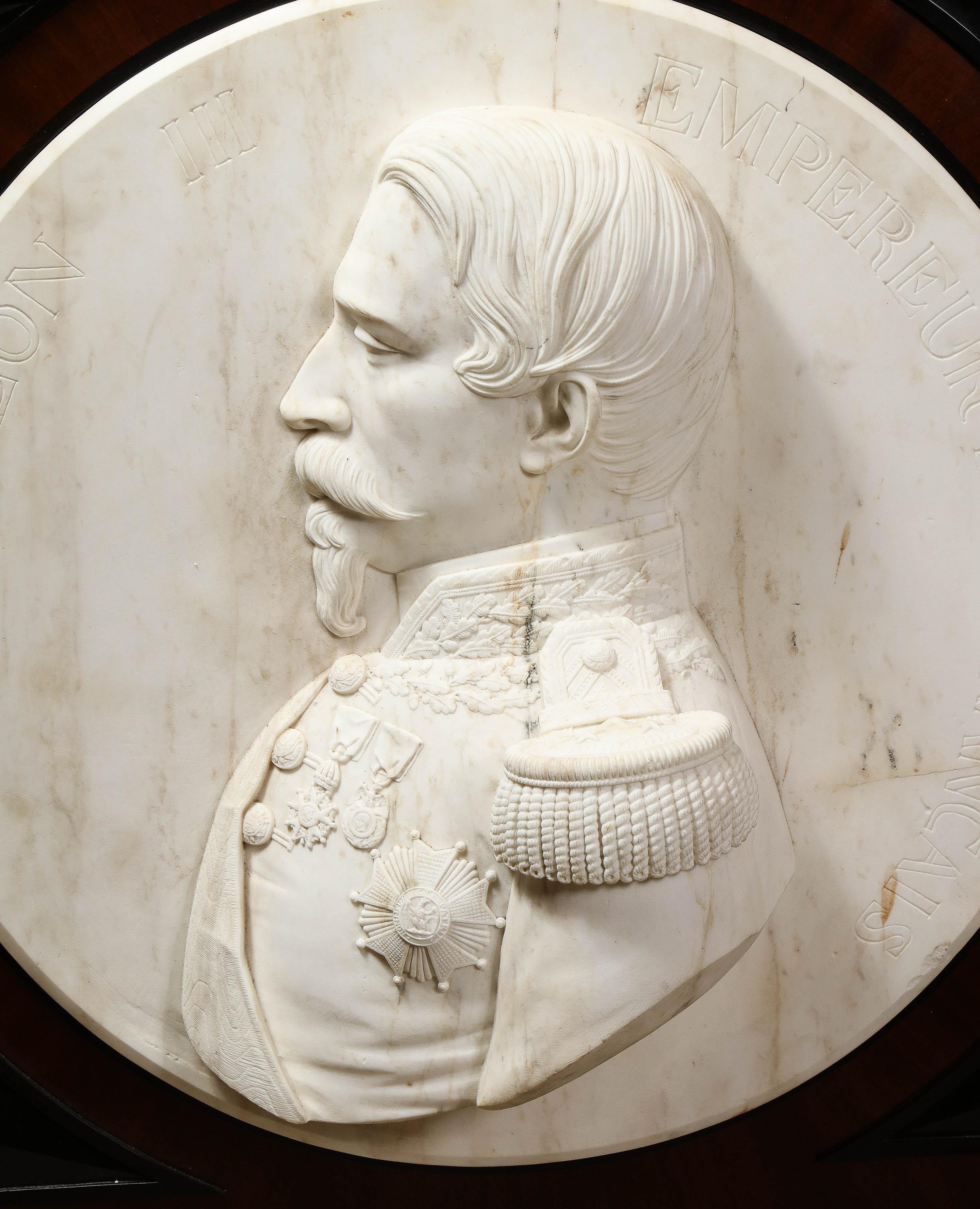 A museum quality French white marble roundel relief of Emperor Napoleon III, circa 1860.

The quality of this marble sculpture of Napoleon III is truly phenomenal. This is a one of a kind collectors piece.

The Emperor is sculpted in high relief