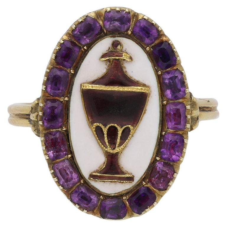 Museum Quality Georgian Enamel Amethyst Mourning Ring For Sale