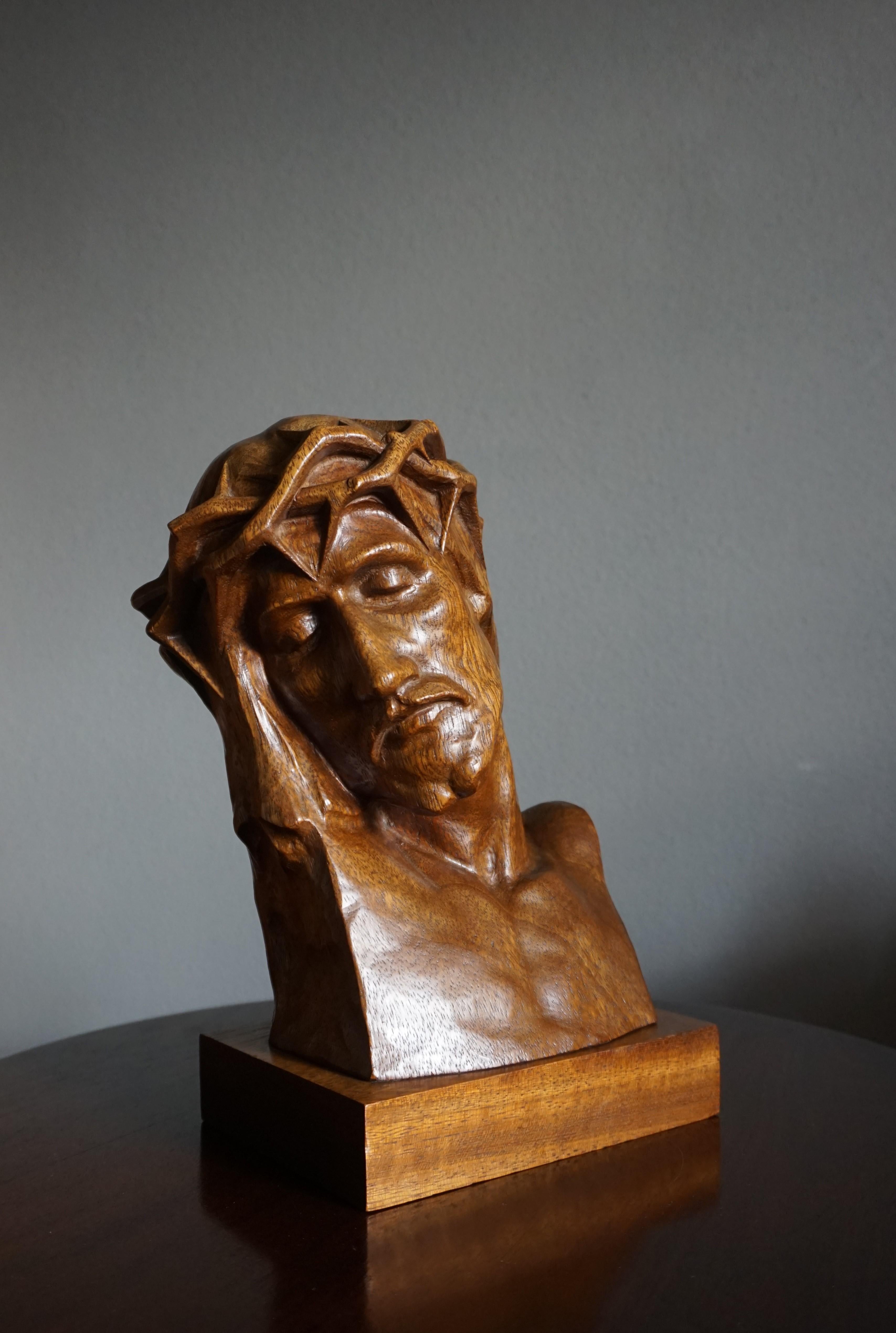 Top quality and mint condition sculpture from the Art Deco era.

This incredibly well carved bust is like a fragment of the entire corpus of Christ in his final hours on the cross. French master sculptor/artist Louis Sosson (active 1905-1930) could