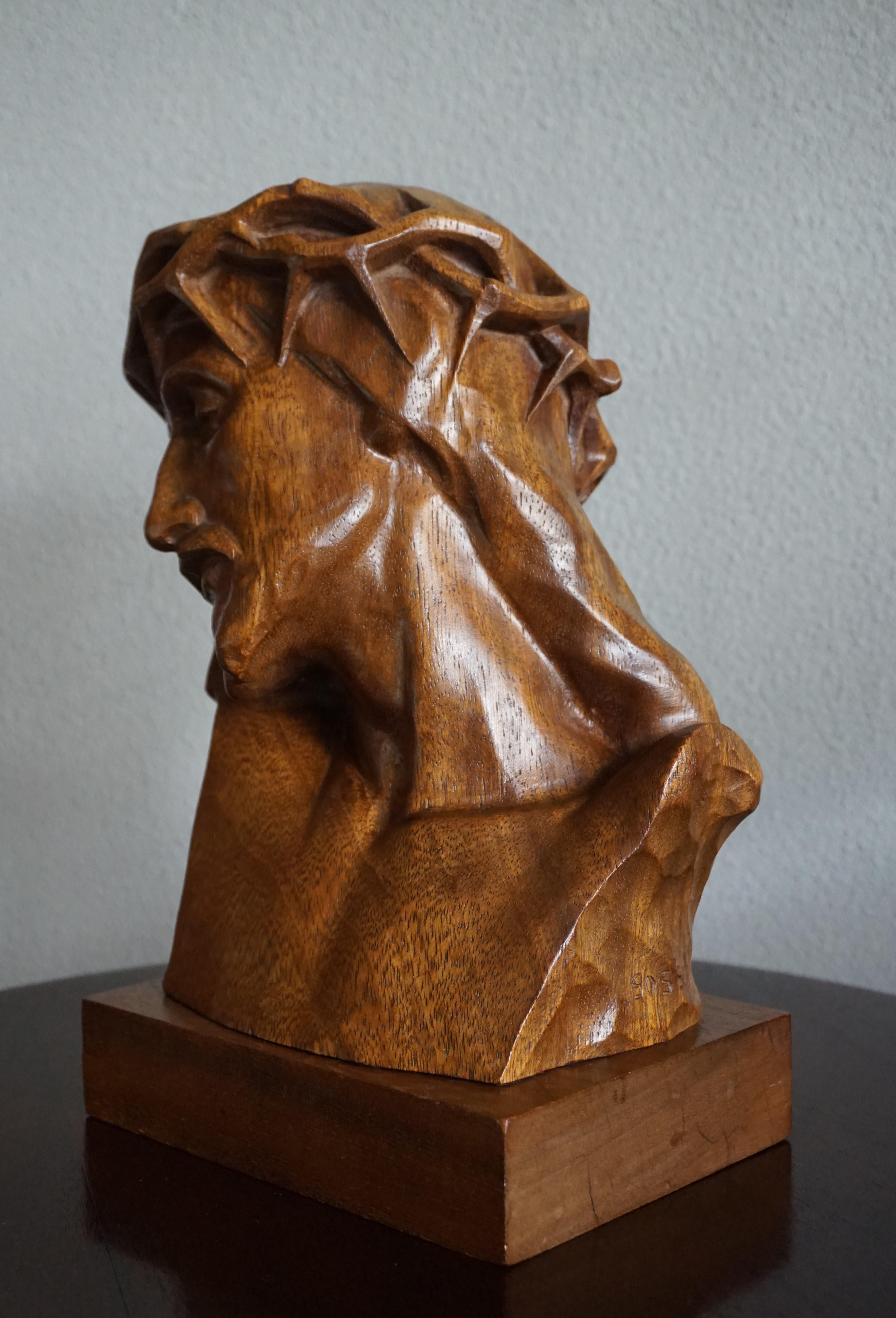 Museum Quality Hand Carved Nutwood Sculpture / Bust of Christ By Louis Sosson 1