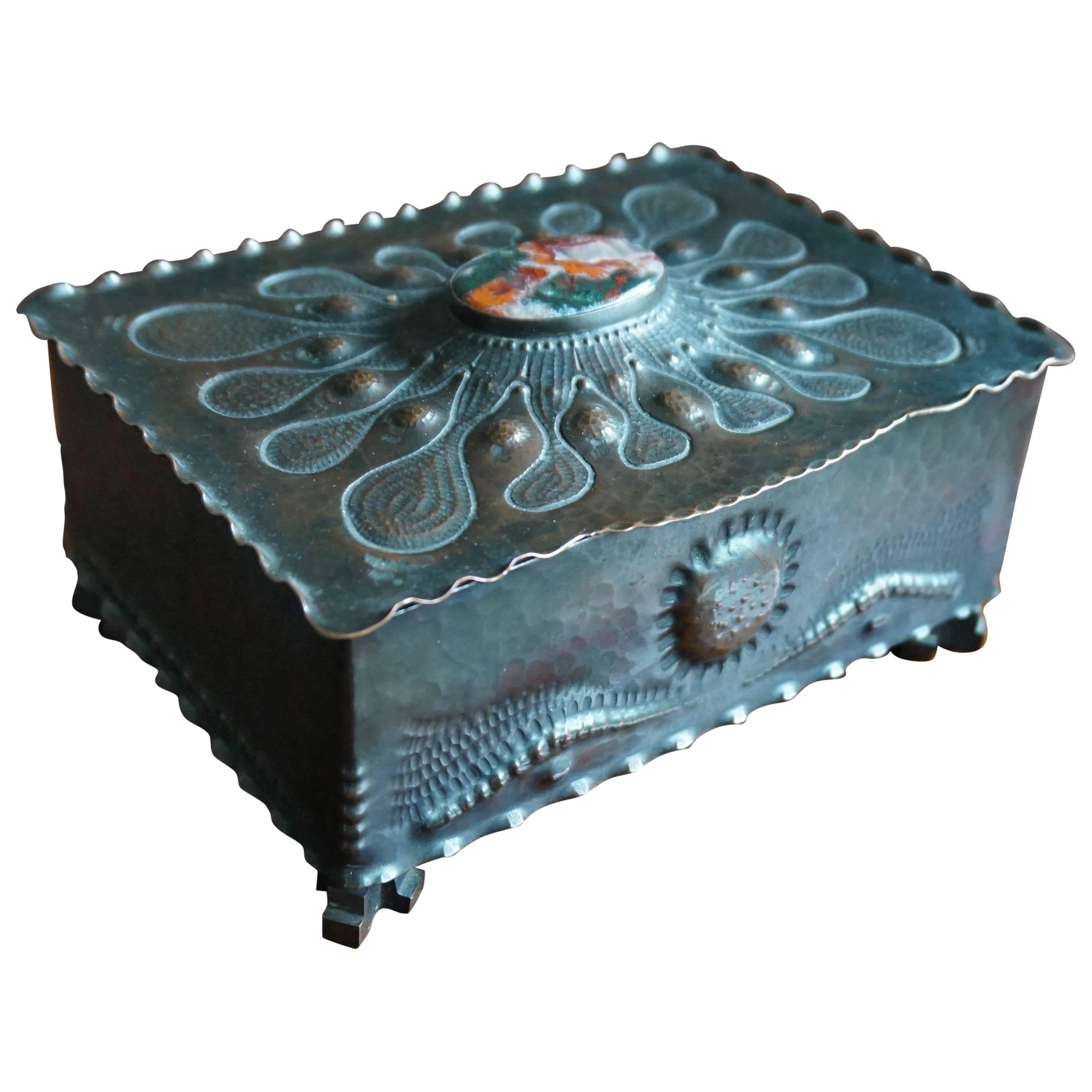 Museum Quality Hand-Hammered Copper and Gemstone Inlaid Arts & Crafts Box