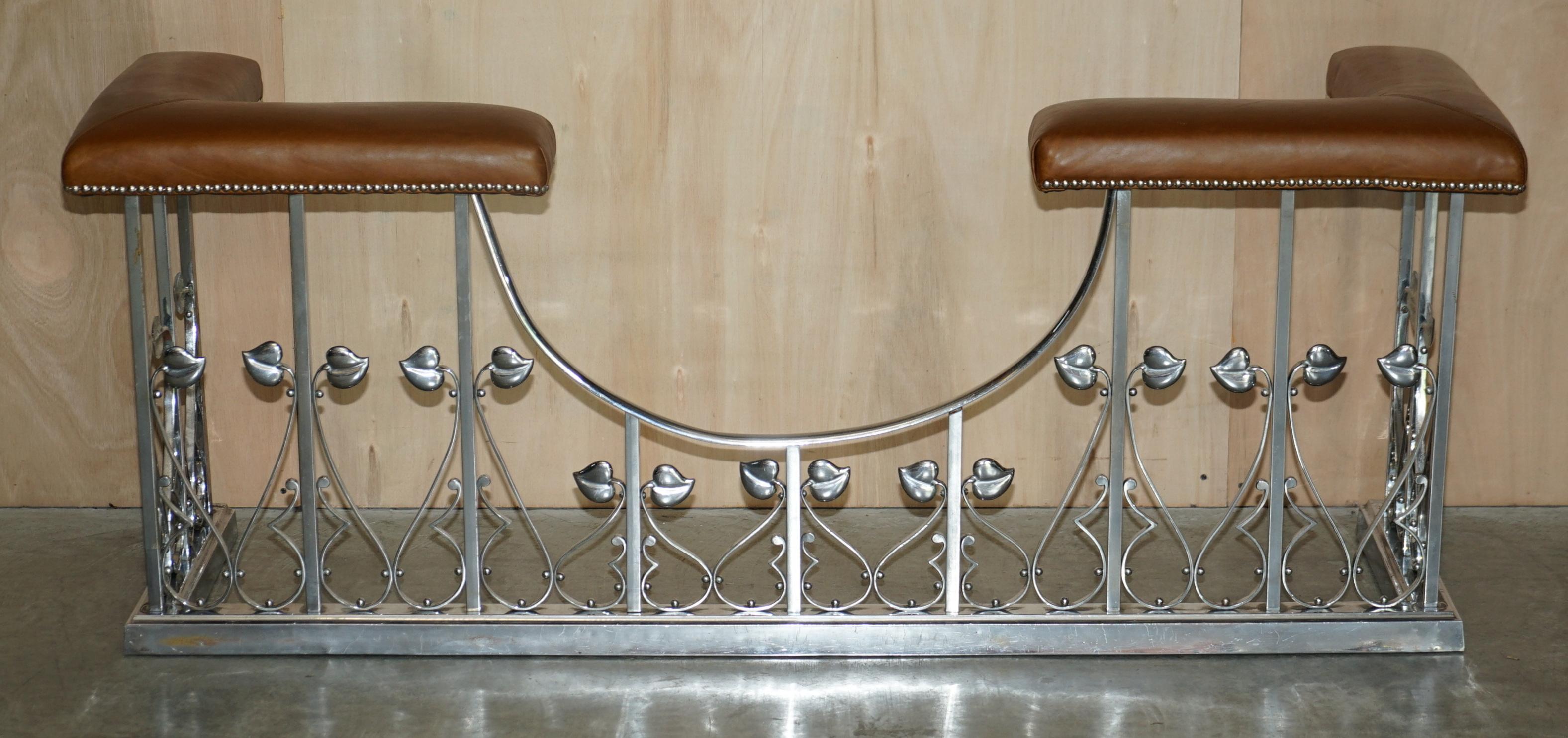 We are delighted to offer for sale this very important, Museum quality, Victorian circa 1870 club fender with brown leather seat pads and Chrome plated, Art Nouveau flowers

What a thing! This is one of, if not the finest example I have come