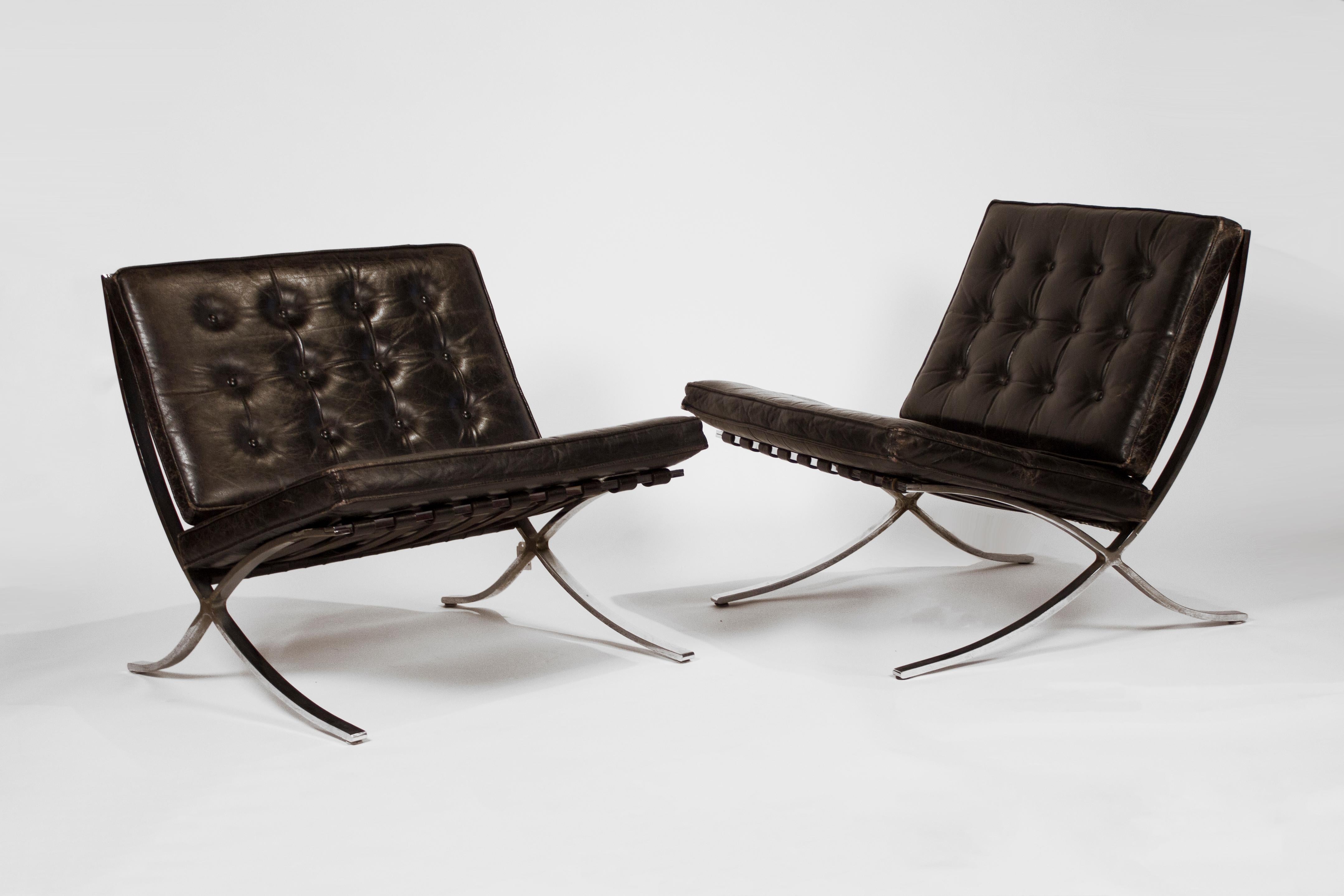 Someone heavily involved in the Mies catalogue raisonne project has personally confirmed that these chairs are in fact authentic Barcelona chairs manufactured by the German Company, Waldemar Stiegler, which produced the flat-steel furniture for