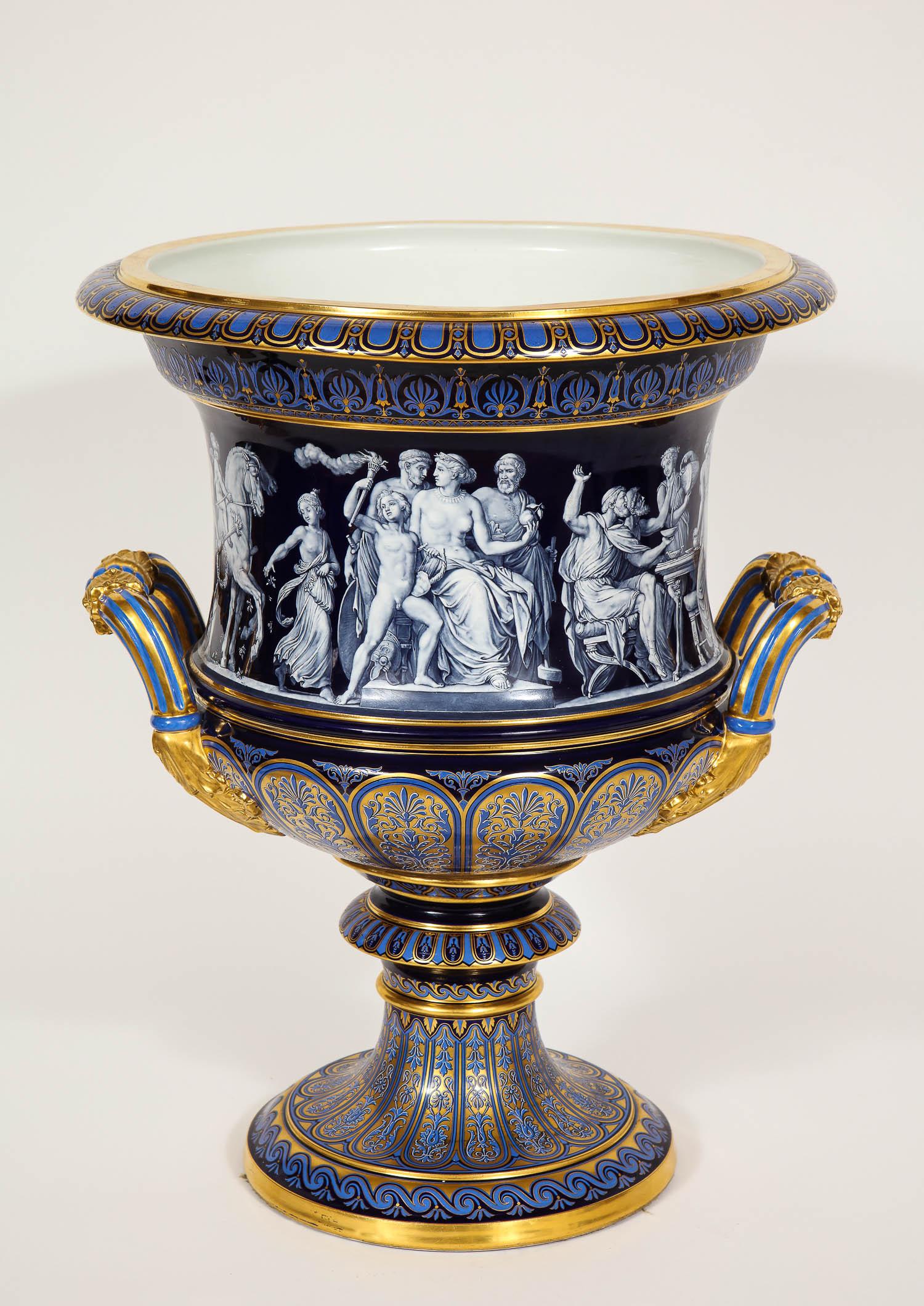 A magnificent and truly unique Museum quality Meissen porcelain cobalt-blue krater pate sur pate/ Limoge enamel vase, third quarter of the 1800s blue crossed swords mark, the Decoration attributed to Ernst August Leuteritz. This magnificent vase is