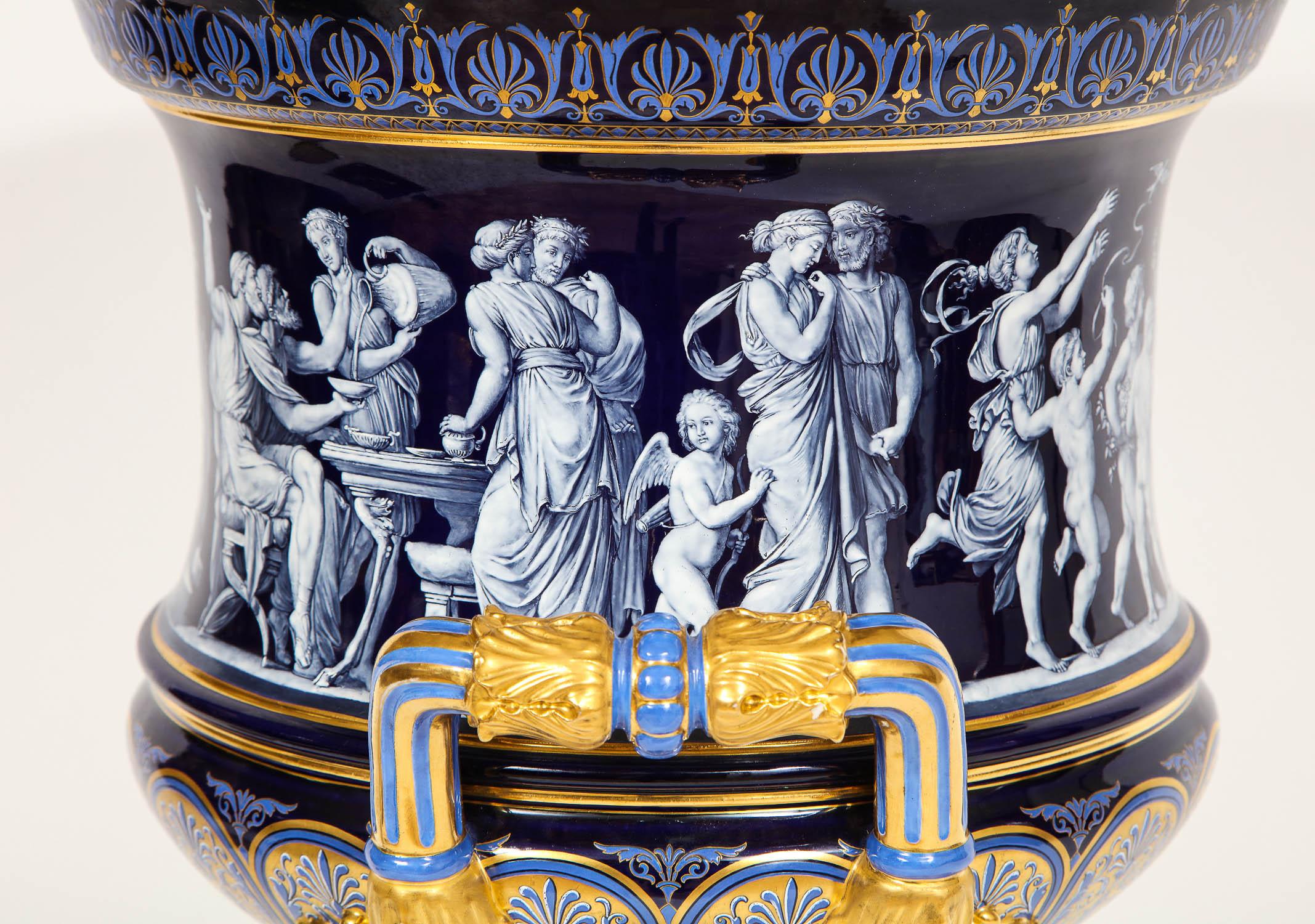 Neoclassical Revival Museum Quality Meissen Porcelain Cobalt-Blue Krater Pate sur Pate Vase