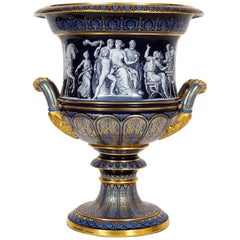 Vase Krater Pate sur Pate de qualité musée en porcelaine de Meissen bleu cobalt