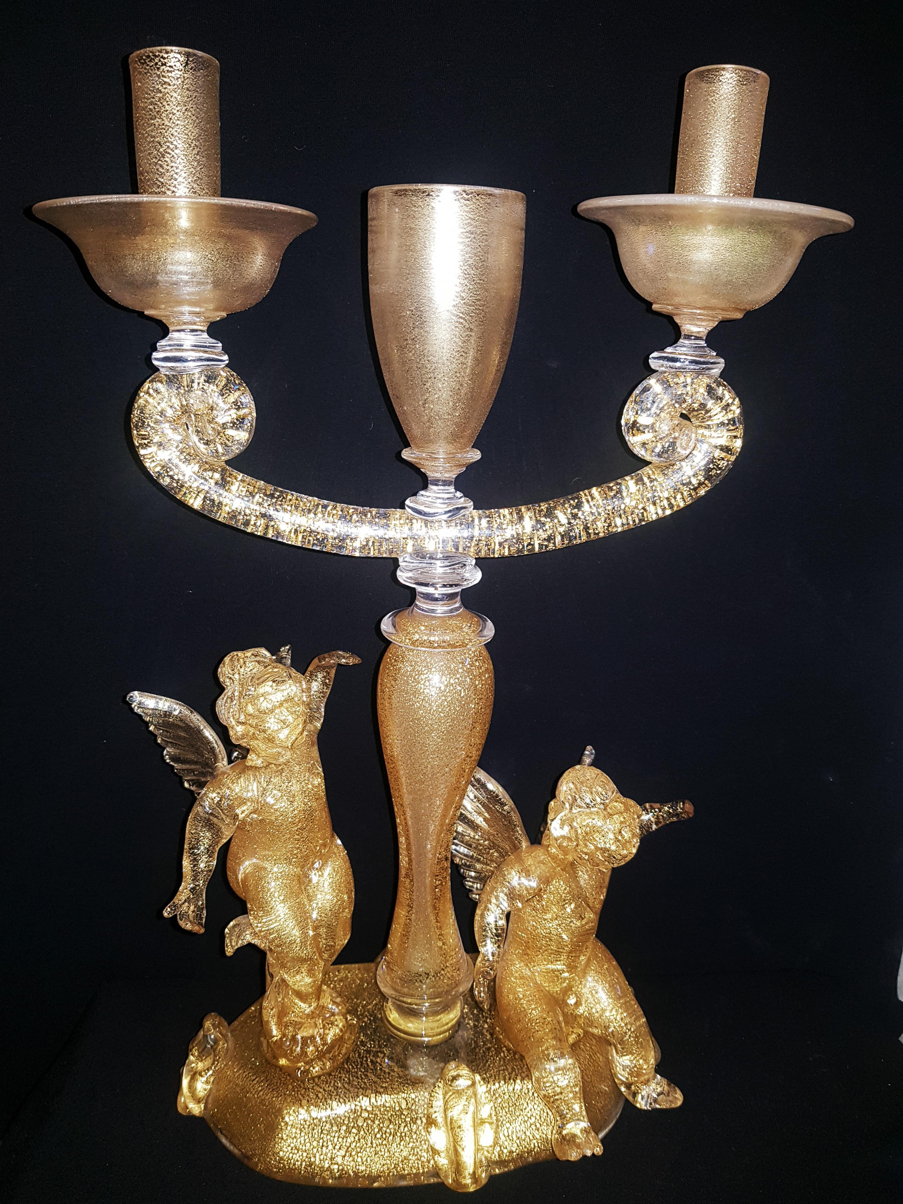 Beautiful vitange murano glass large candle holder with gold leaf, by Ermanno Nason for Cenedese years 1963-72',brilliant condition, museum quality.