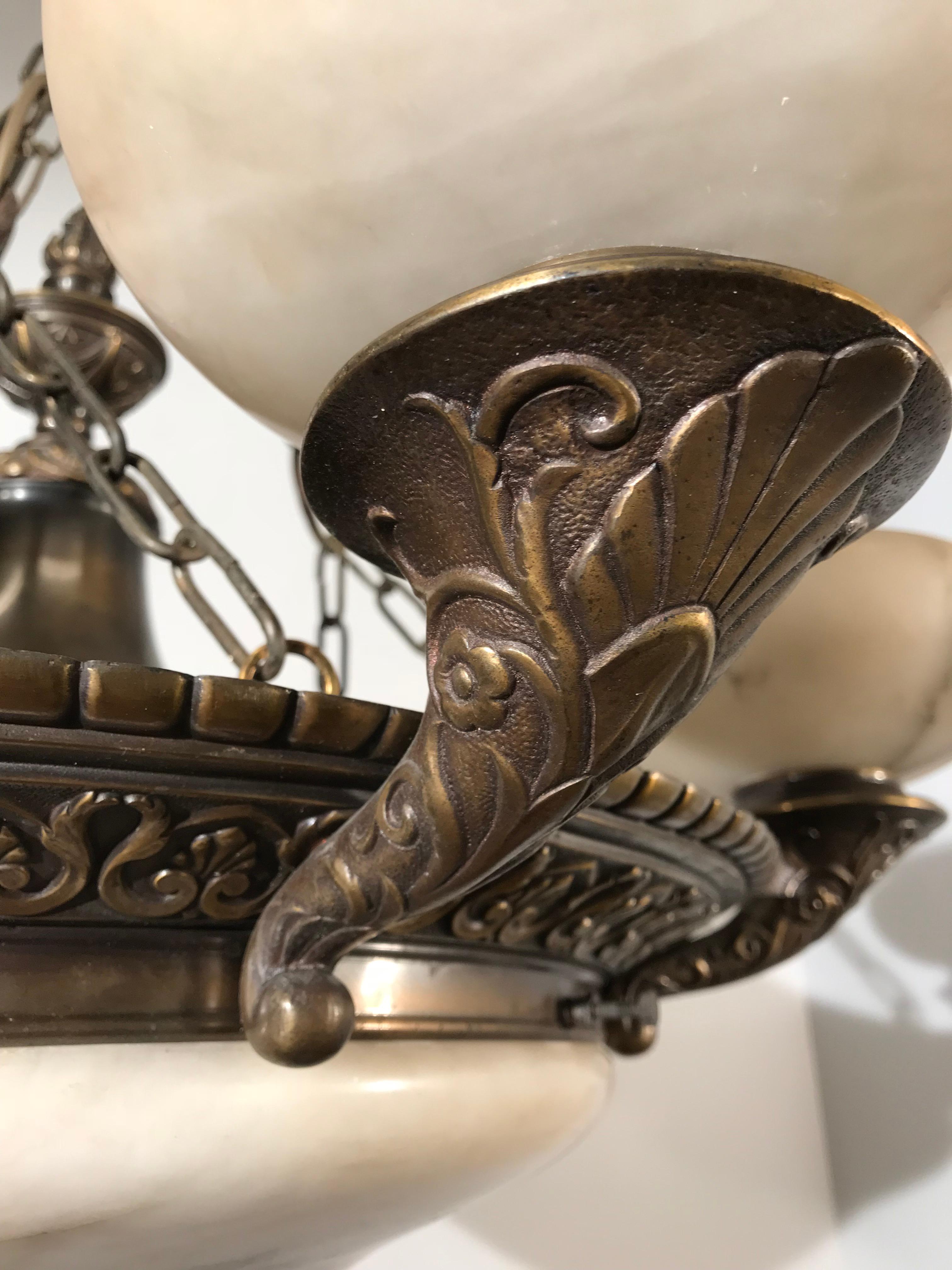 Museum Quality Neo Classical Alabaster & Bronze Chandelier, Pendant Fixture For Sale 4