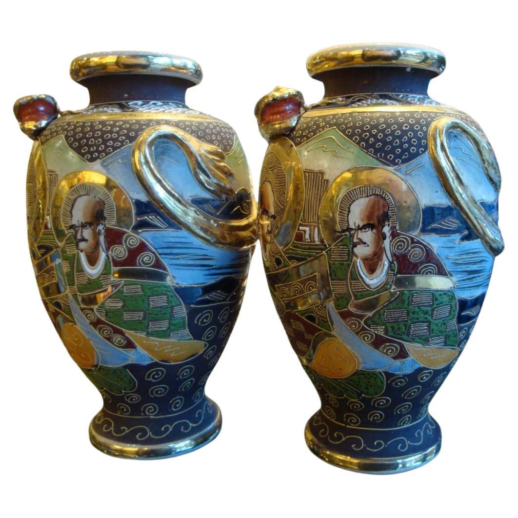 Museum Quality Pair of 1900s Antique Handpainted Satsuma Dragon Japanese Urns 
