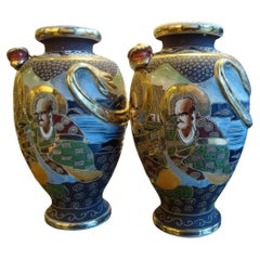 Museum Quality Pair of 1900s Antique Handpainted Satsuma Dragon Japanese Urns 