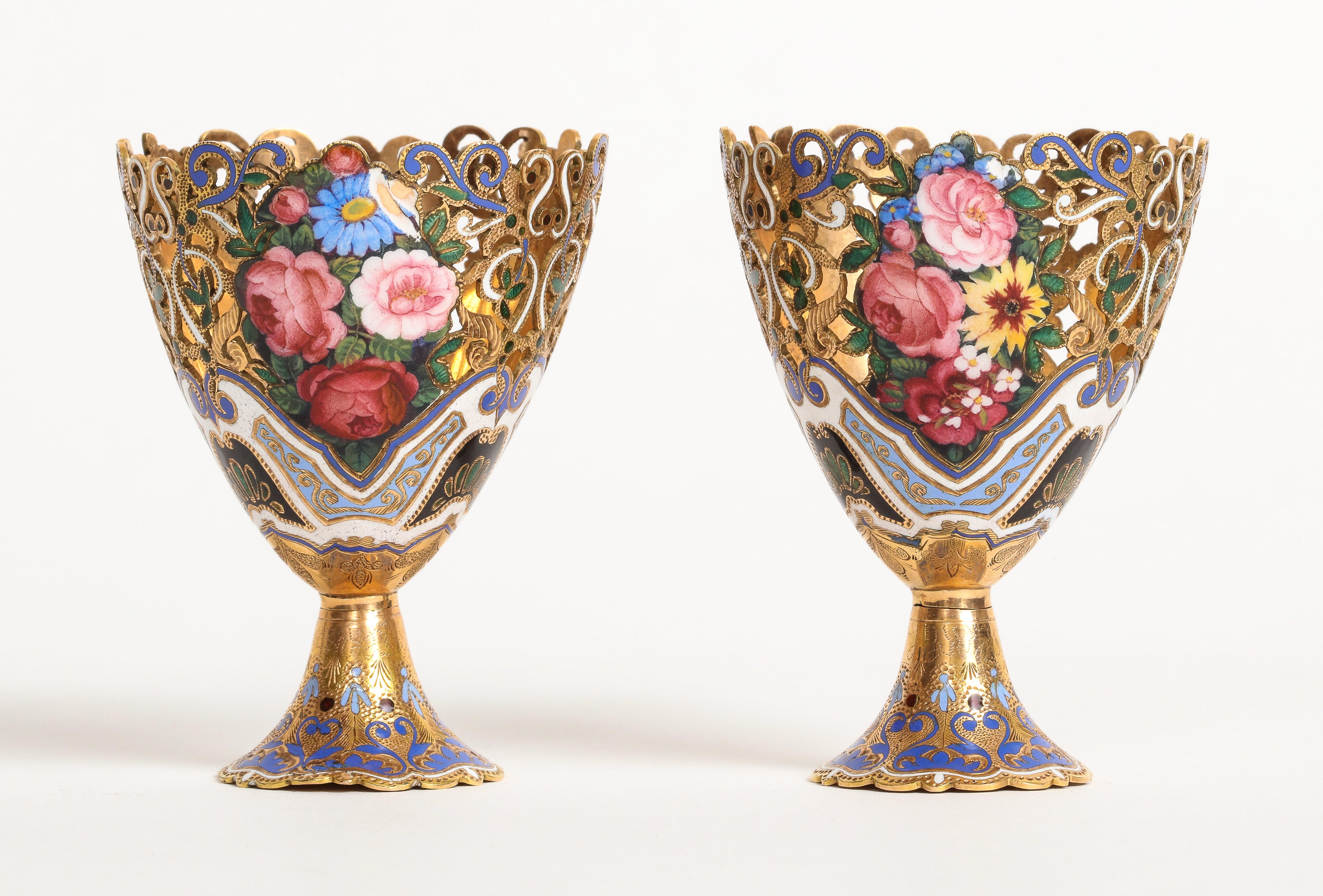 Museum quality pair of gold and enamel Zarfs

18 karat gold with Swiss enamel made for the Turkish market. 
Zarfs were traditionally used for coffee or to hold a egg!
With removable porcelain cups. 
Accompanied with original box
Measurements: