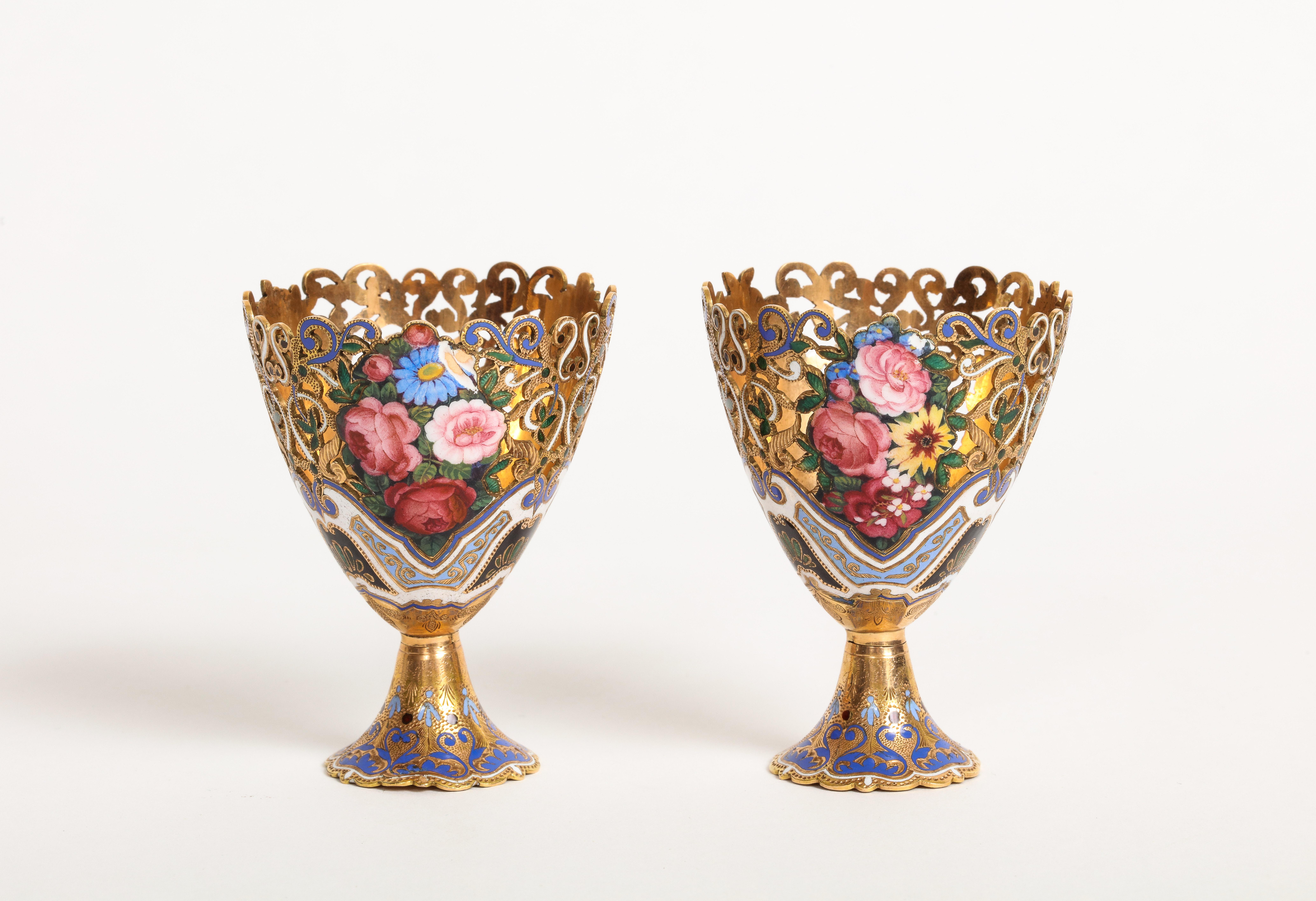 Swiss Museum Quality Pair of Gold and Enamel Zarfs For Sale