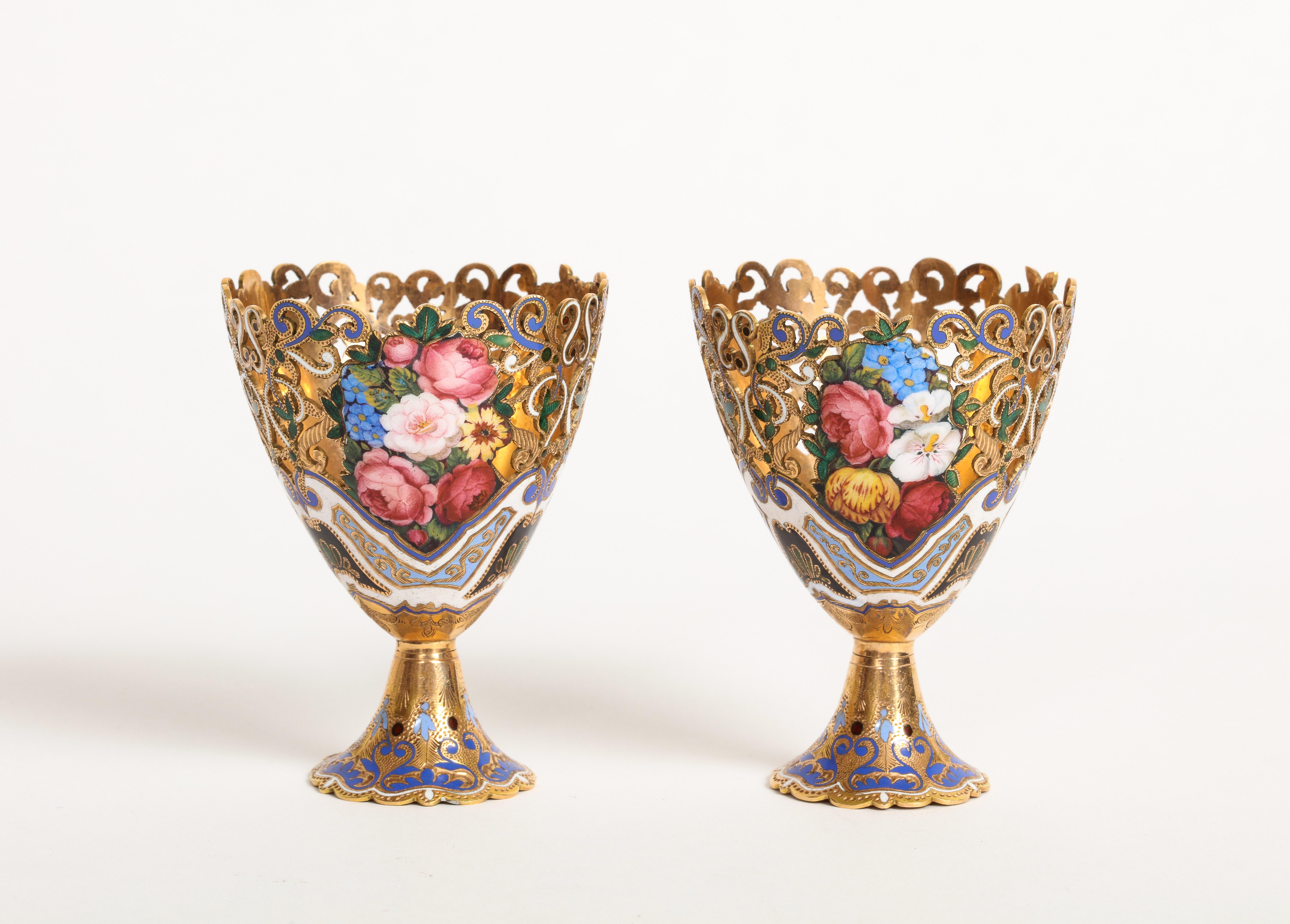 Enameled Museum Quality Pair of Gold and Enamel Zarfs For Sale