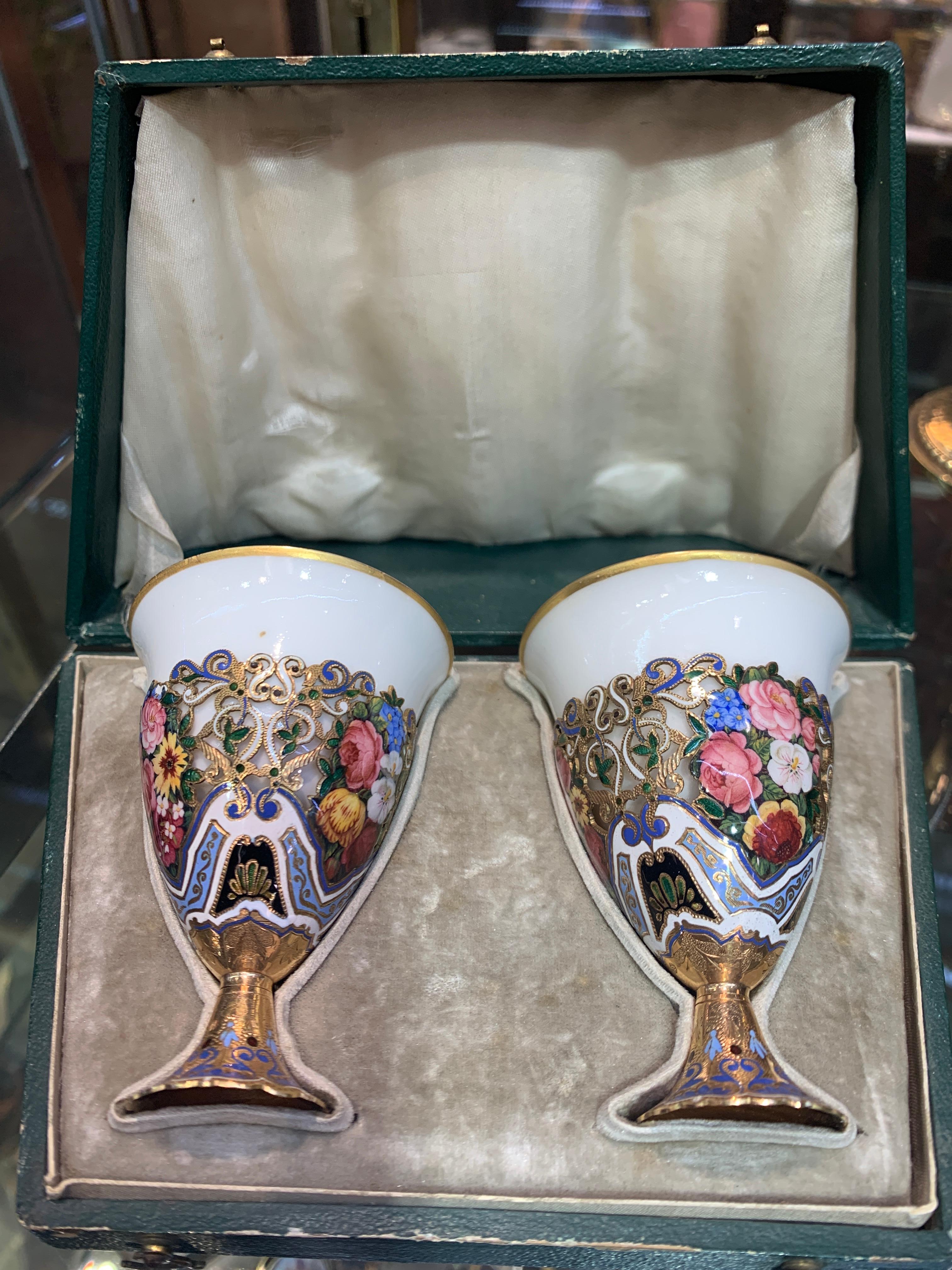 19th Century Museum Quality Pair of Gold and Enamel Zarfs For Sale